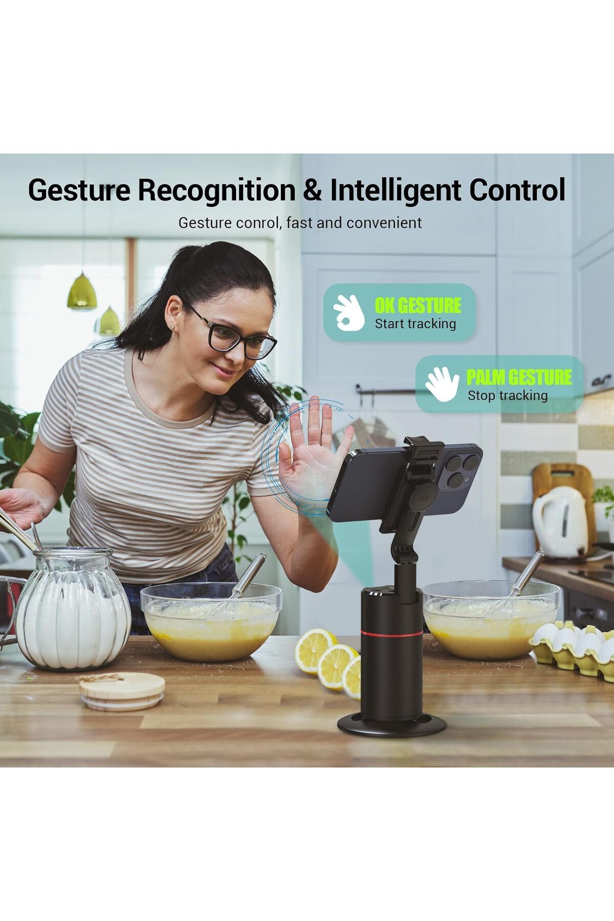 AWH-Auto Face Tracking Tripod, 360° Rotating Phone Holder, Remote & Gesture Control for Vlogs 4