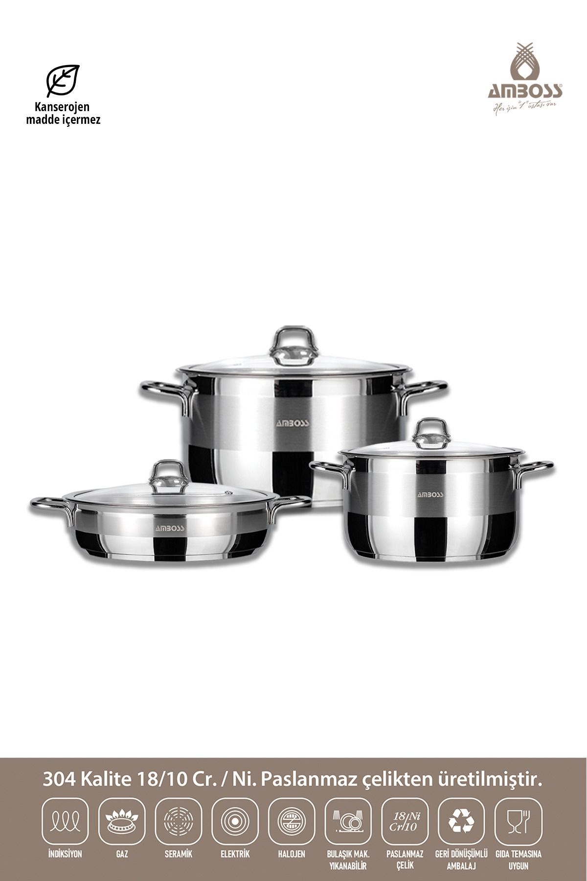 Amboss Set De Tigăi Din Oțel Inoxidabil Valeria 6 Piese Compatibil Cu Toate Sobele - One Size