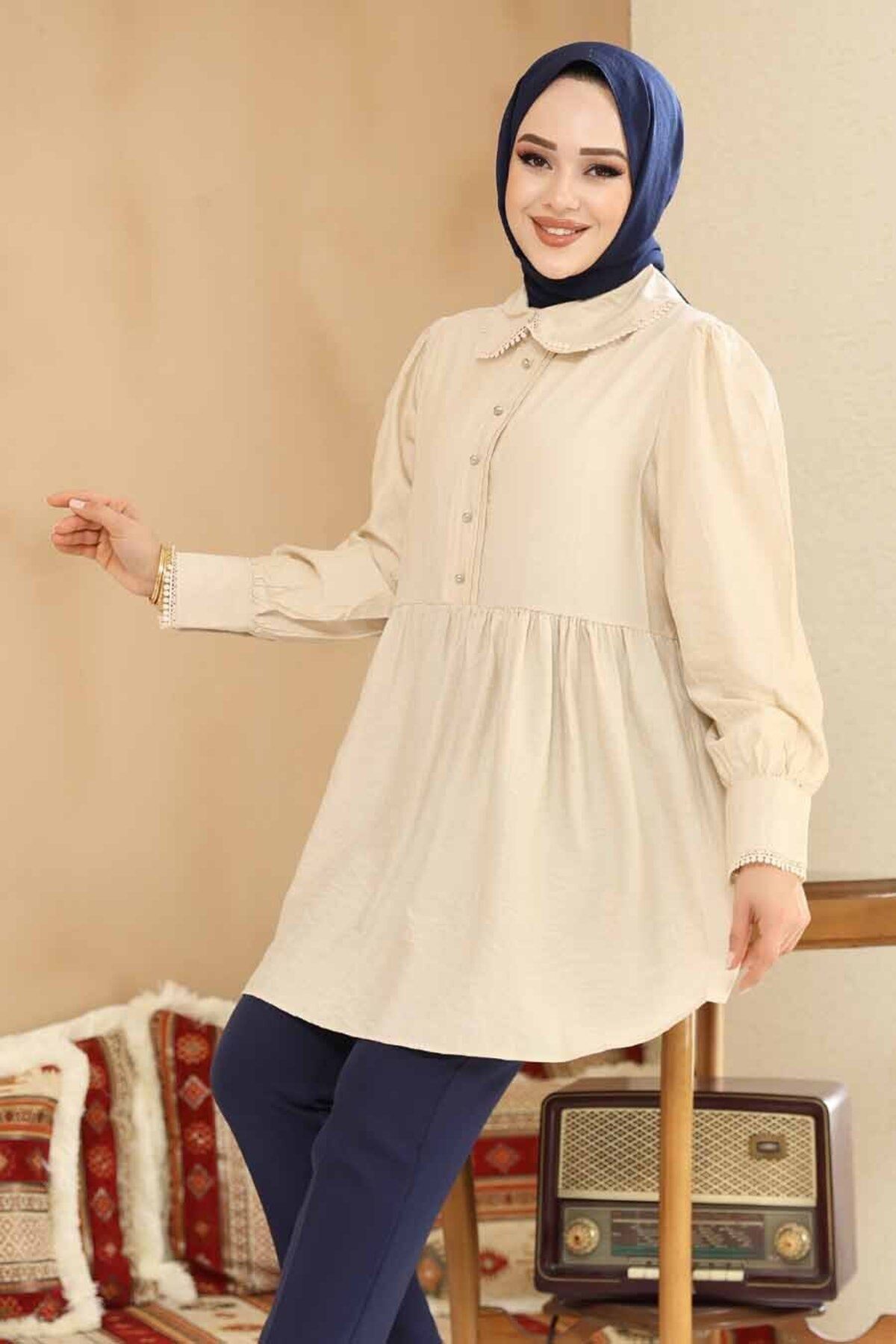 Neva Style Bebe Yaka Bej Tesettür Tunik 40691BEJ