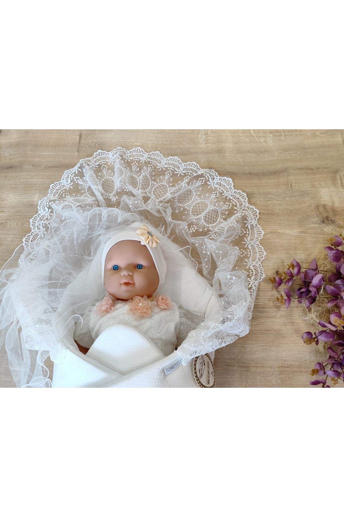 Tomuycuk Ekru Kız Erkek Bebek Battaniyesi Kundağı %100 Pamuklu Dantelli Yenidoğan Hastane Çıkışı Mevlütlük Kn fotoğrafı 4 (önizleme)