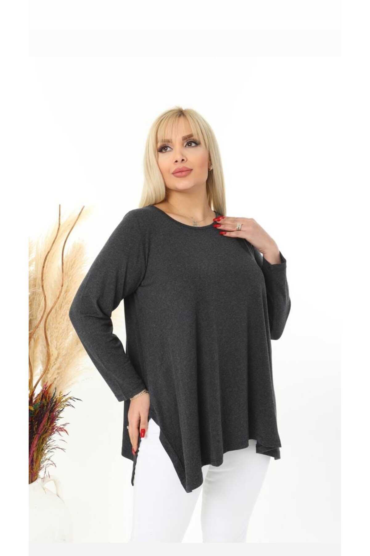 LİKRA-Women's Plus Size Slit Loose Wool Viscos Tunic 1