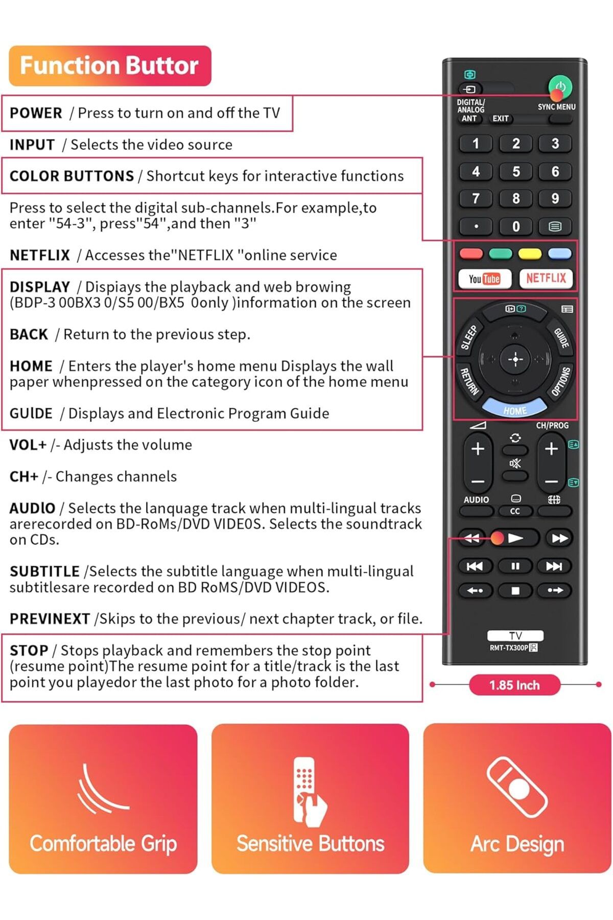 AWH-Universal Remote for Sony LCD, LED, Smart Bravia TVs with YouTube & Netflix Buttons 5