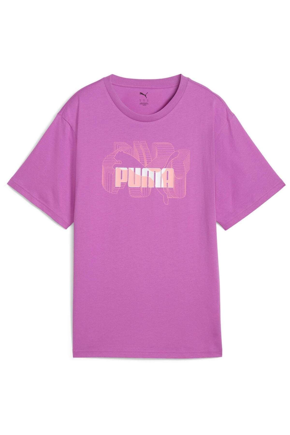 Puma-T-shirt Puma Graphics Stacked No. 1 Logo Relaxed Tee, Purple, Women 4