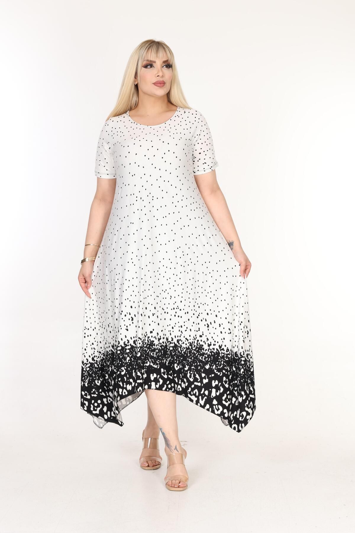 mami butik-Plus Size Asymmetrical Skirt Short Sleeve Viscose Combed Cotton Dress 4