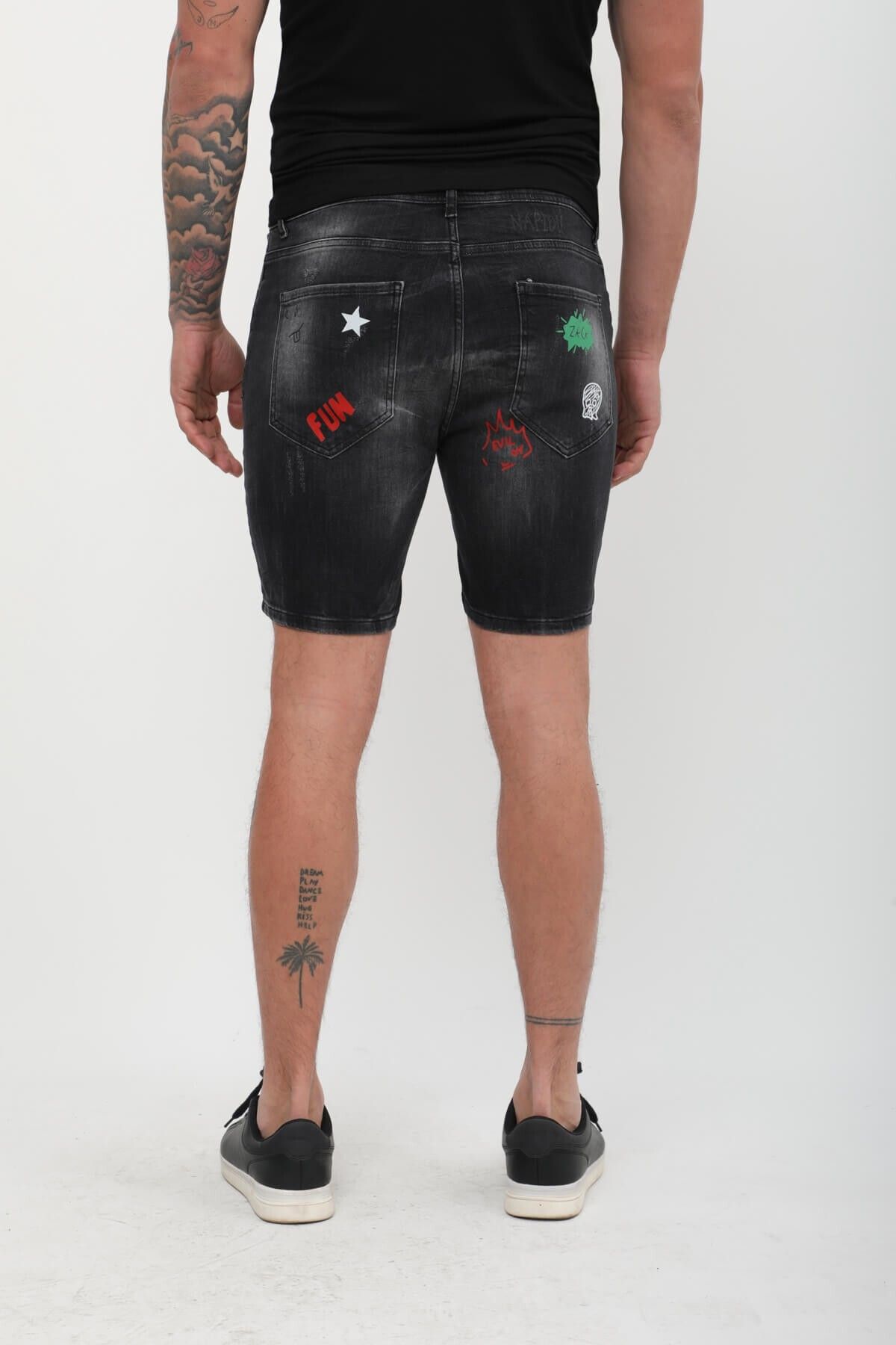 Bluewhite-Men's Print Patterned Jean Shorts Anthracite 5