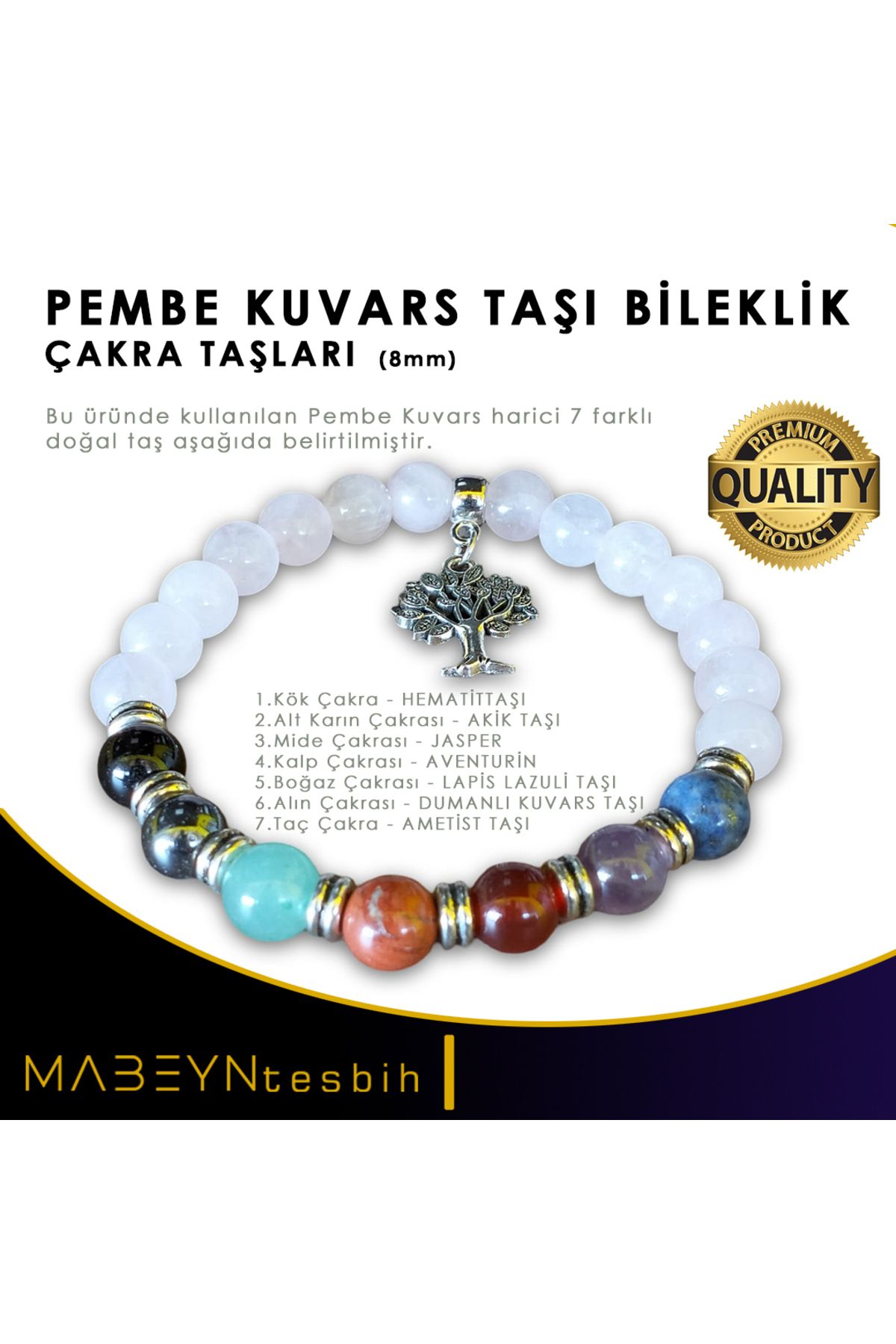 Mabeyn PEMBE KUVARS TAŞI BİLEKLİĞİ - 8 MM (ÇAKRA TAŞLI)