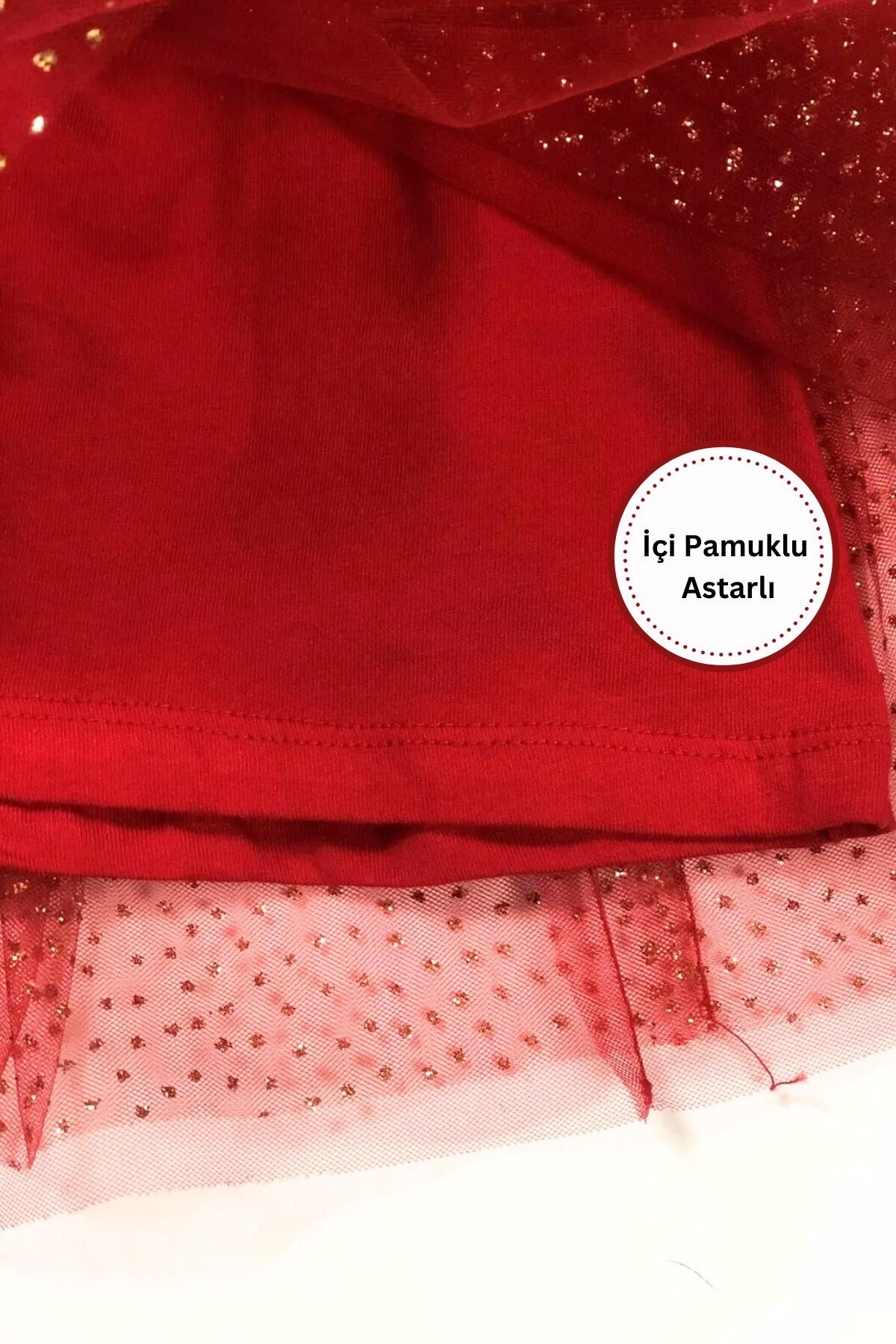 Kübra Tekstil  Kız Çocuk Kırmızı Tütü Etek Yaldızlı Astarlı ,23 Nisan Parlak Simli Kırmızı Etek - Görsel 6