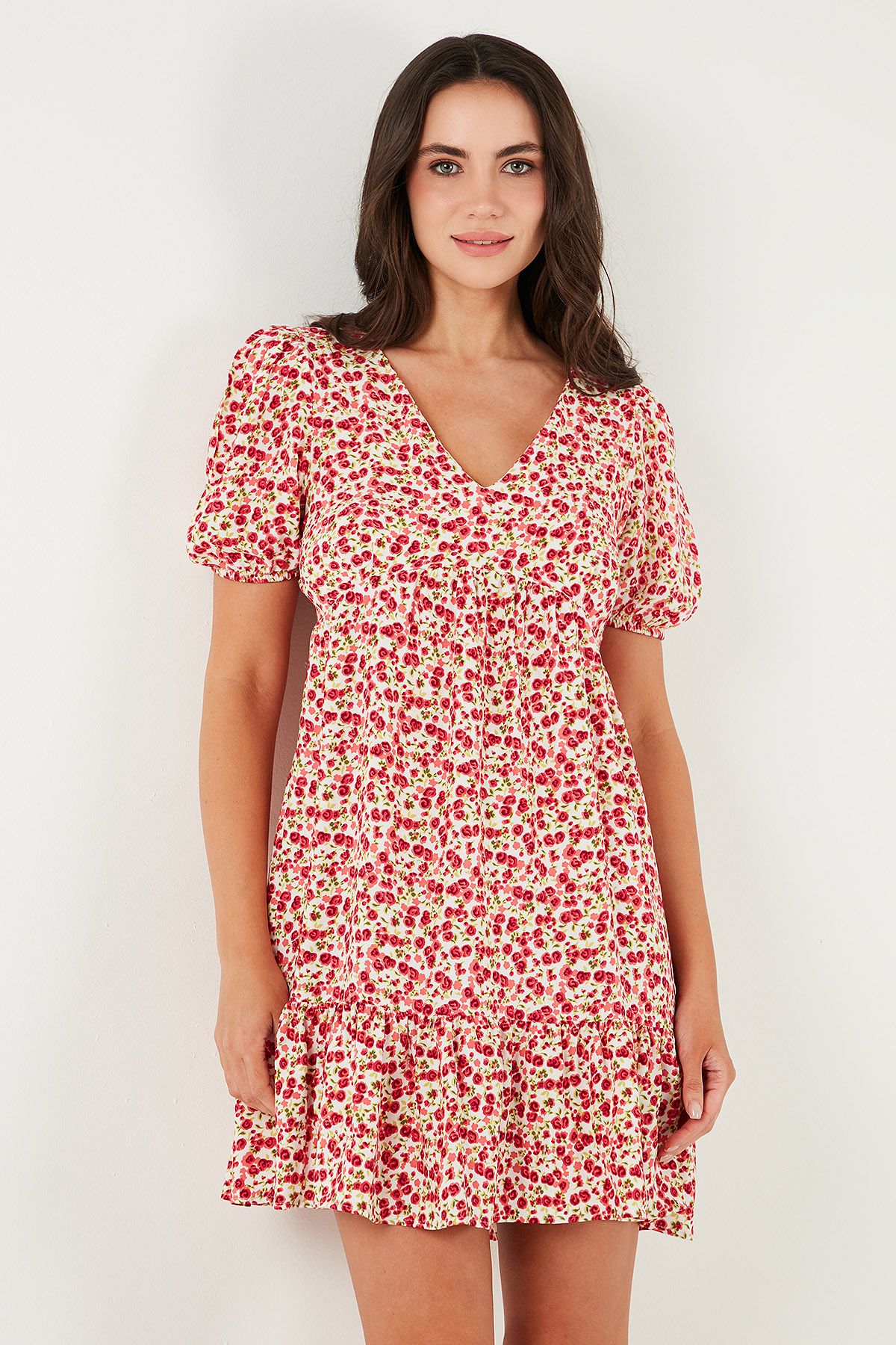 Lela-Regular Fit V-Neck Balloon Sleeve Patterned Mini Dress Dress 67810045 6
