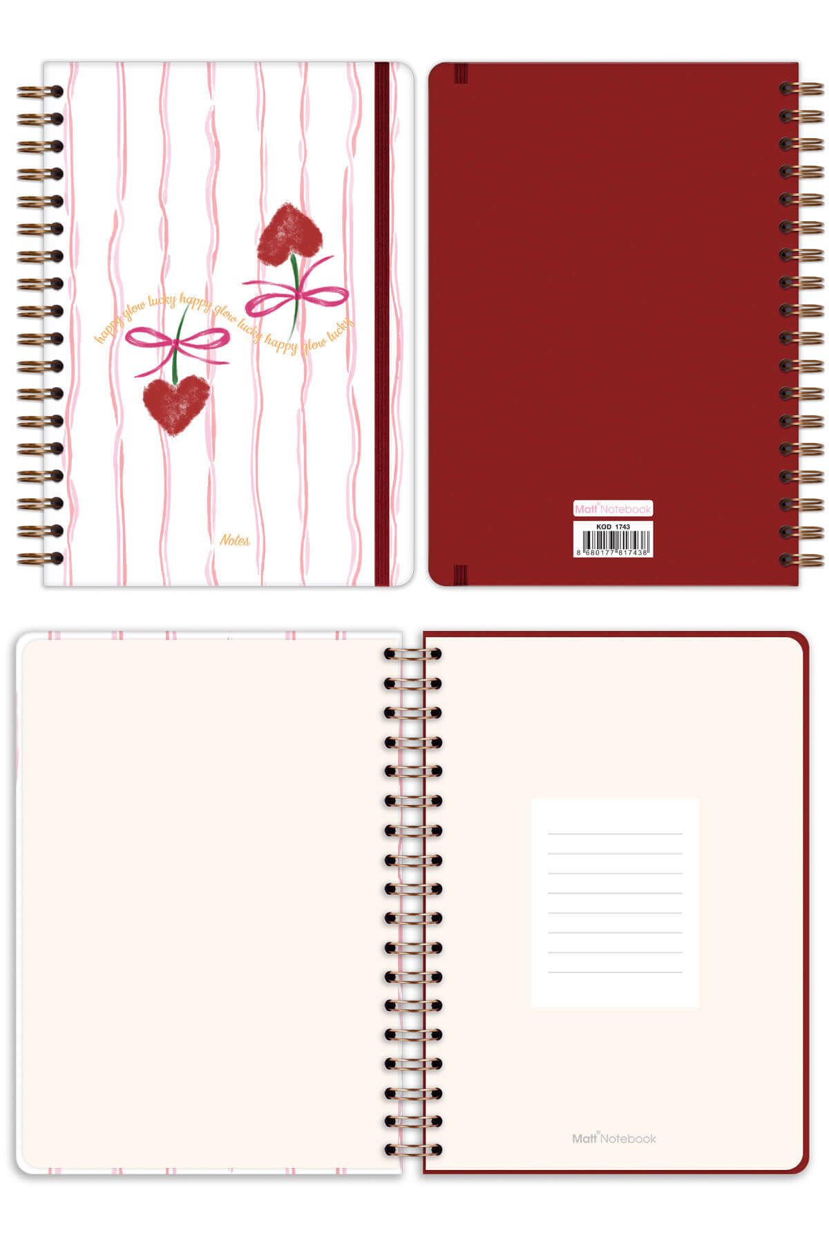 Matt Notebook-B5 17x24 سم دفتر ملاحظات مخطط حلزوني مرن غير مؤرخ بفيونكة الكرز 6