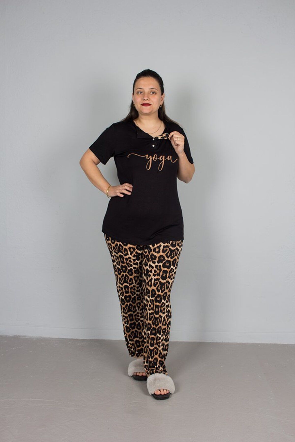 Truva XXL-Plus Size Bottom Leopard Top Buttoned Pajamas Set 3