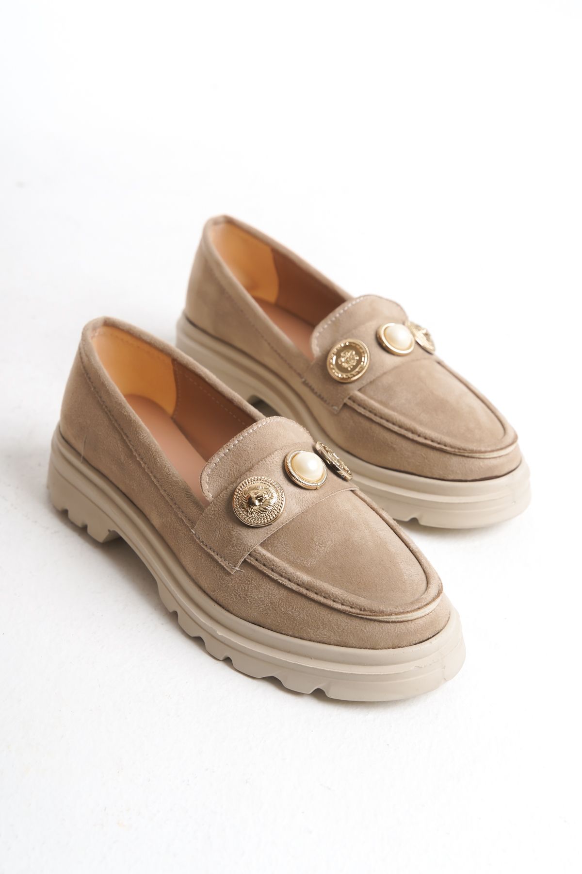 Shoesers Kadın Süet Tasarım Hafif ve Kalın Tabanlı Günlük Casual Oxford, Toka Detaylı Loafer Ayakkabı