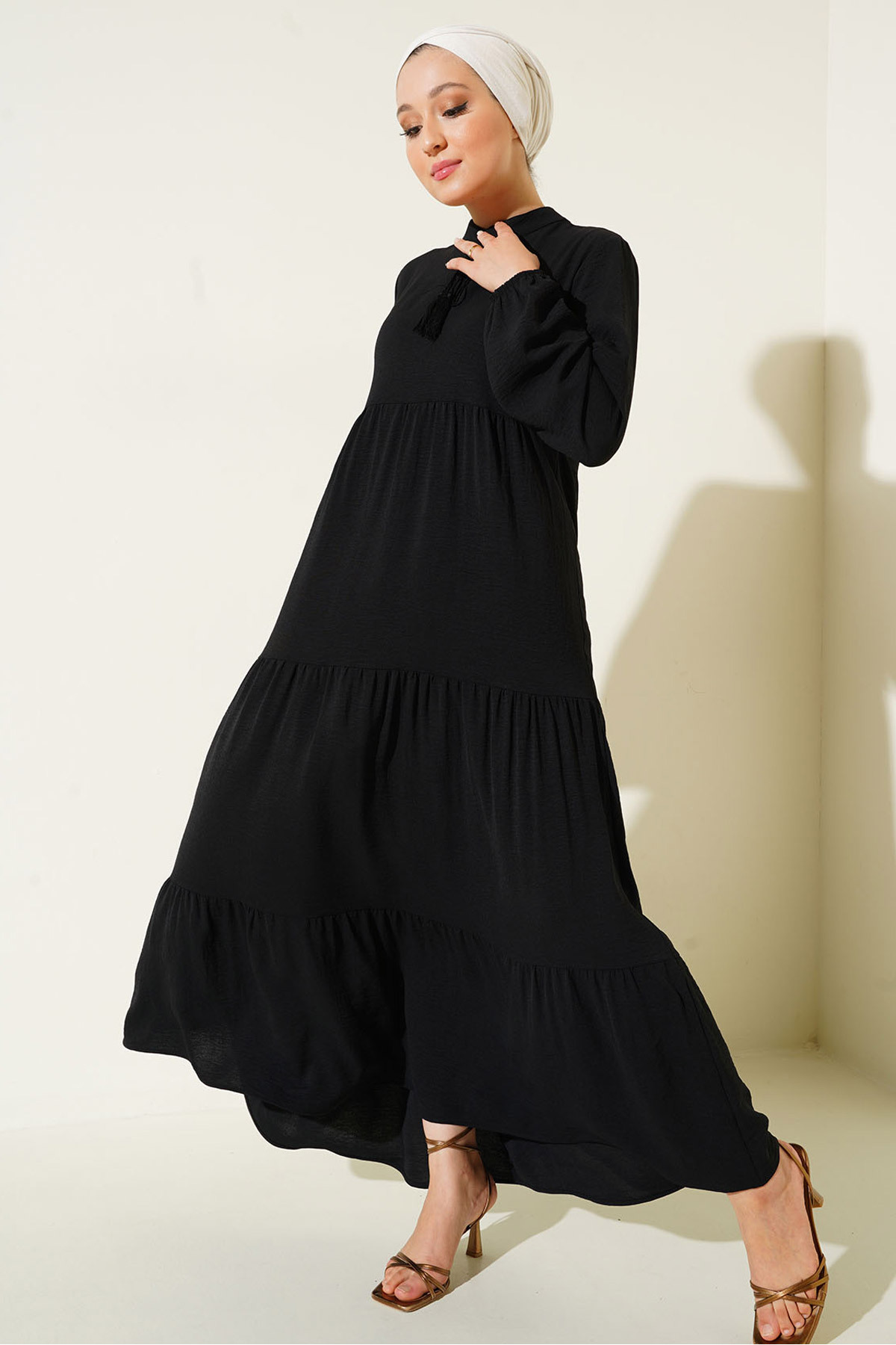 Bigdart-1627 Model Guler Rochie Hijab Neagră cu șireturi - Colecția Ramadan 3