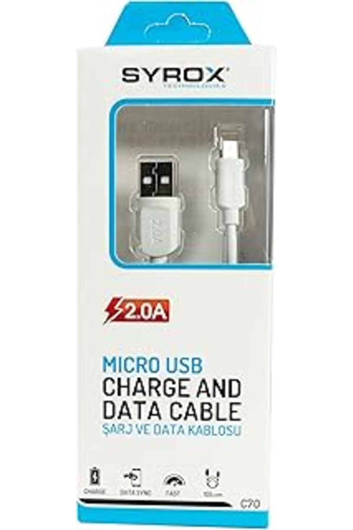 Pazarcan Syrox C70 2.0 Mah S6/S7 1.2 Mt Mikro Kablo, Beyaz