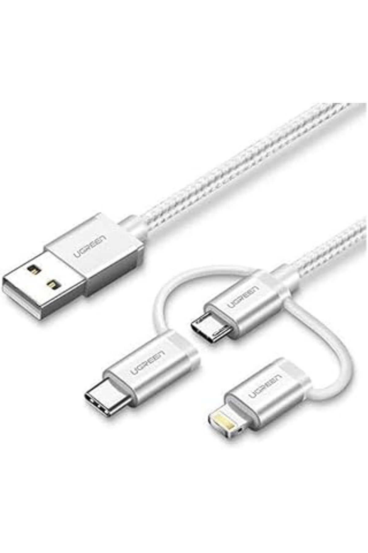 Pazarcan Ugreen 3'Ü 1 Arada Ios Lightning Type-C Micro Usb Şarj Ve Data Kablosu Gümüş 1 Metre