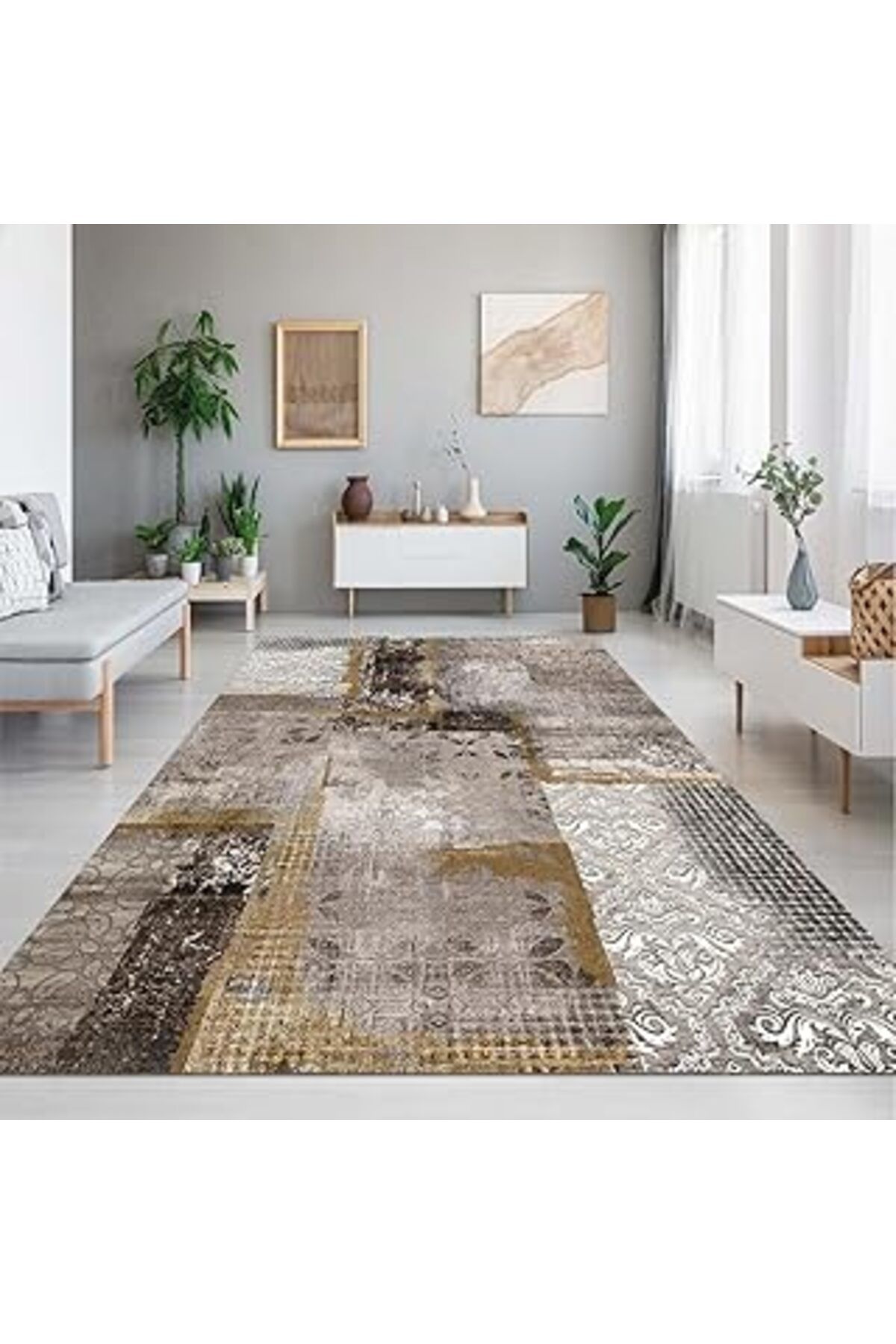 Mu Art Latte Dizayn Hadley Desenli Pamuk Tabanlı Yıkanabilen Kaydırmaz Antibakteriyel Salon Halısı 160X230