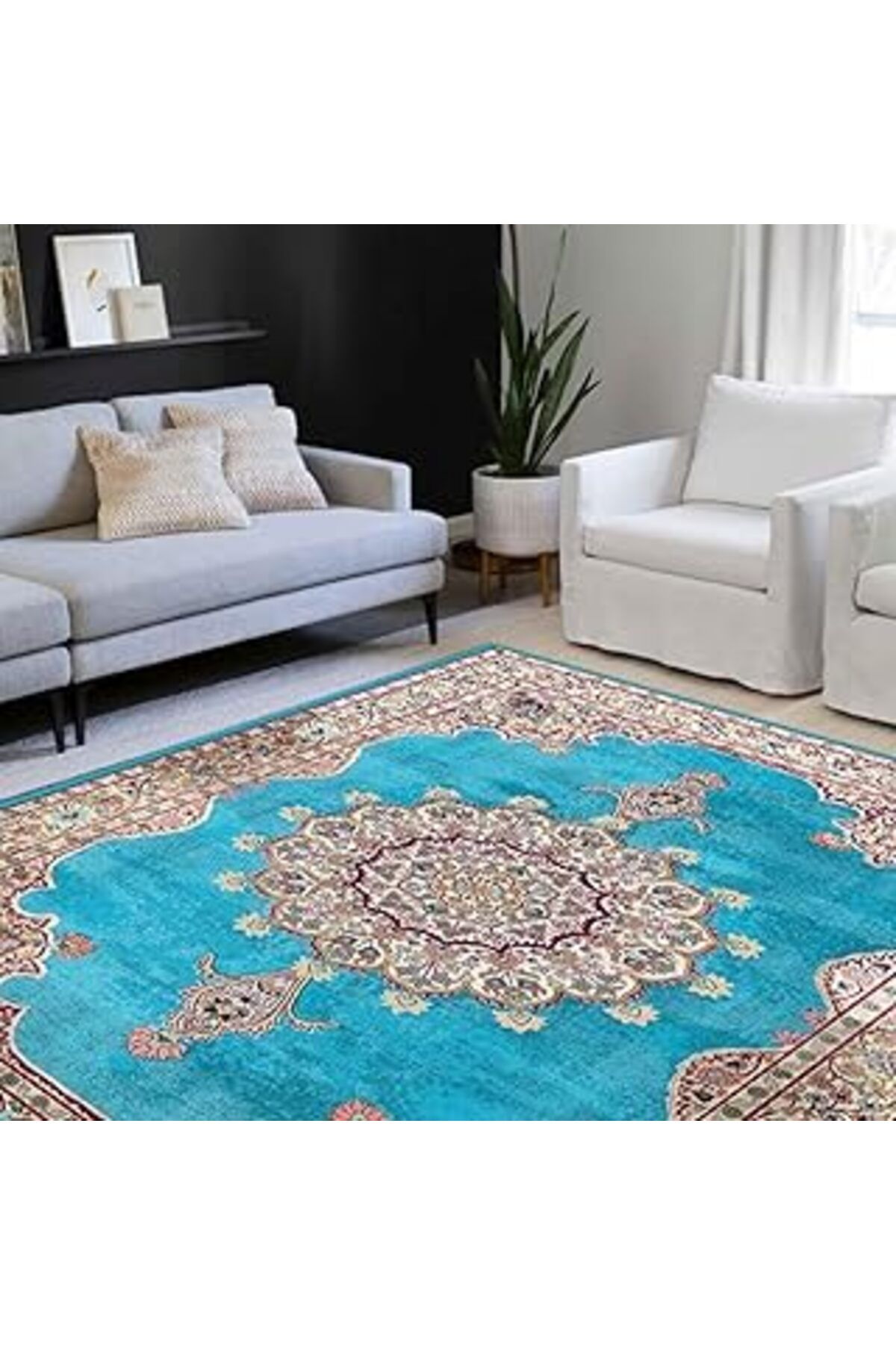 robotrend Latte Dizayn Luna Desenli Pamuk Tabanlı Yıkanabilen Kaydırmaz Antibakteriyel Salon Halısı 60X240