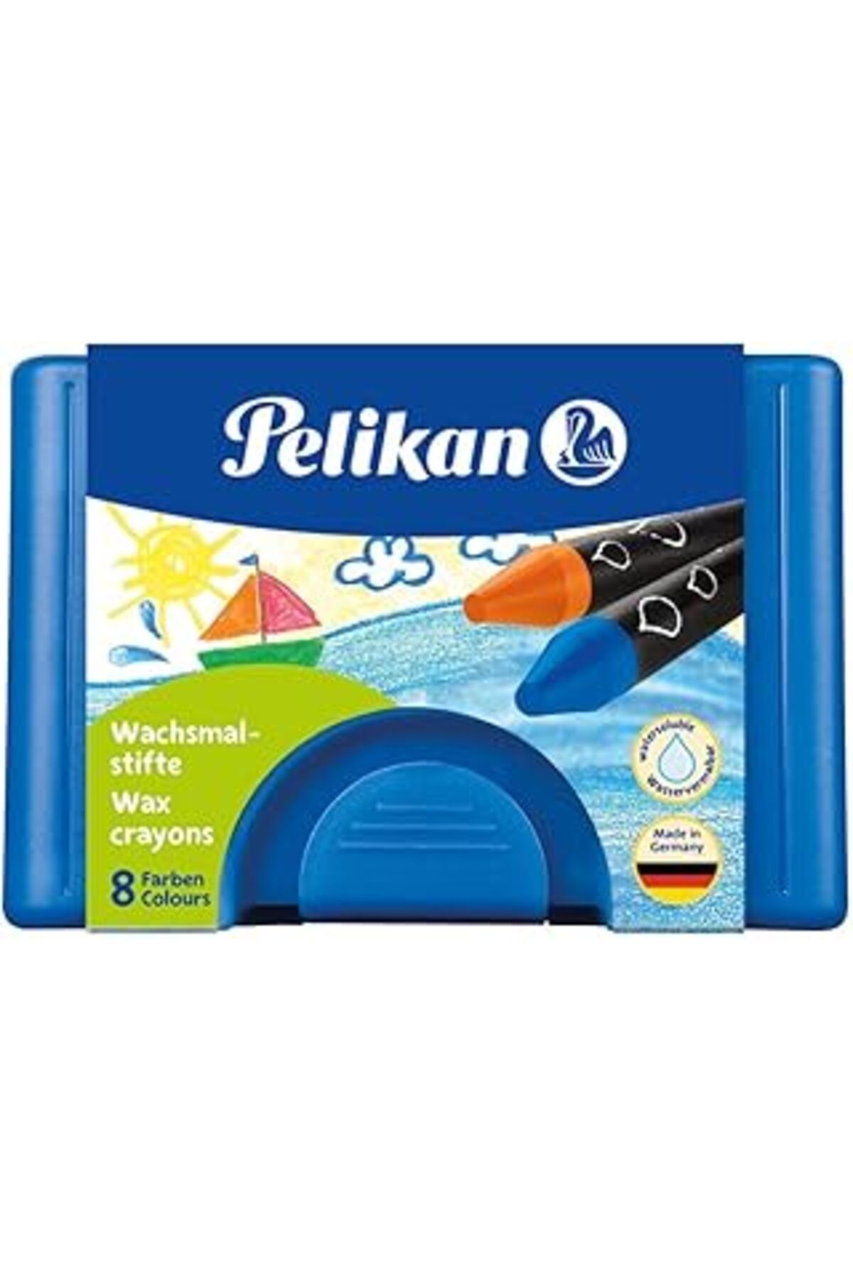 Mu Art Ahşap Pelikan 722959 – Wachsmaler Yuvarlak 666/8 Wasservermalbar, Suda Çözülür, Mavi Plastik Kılıf