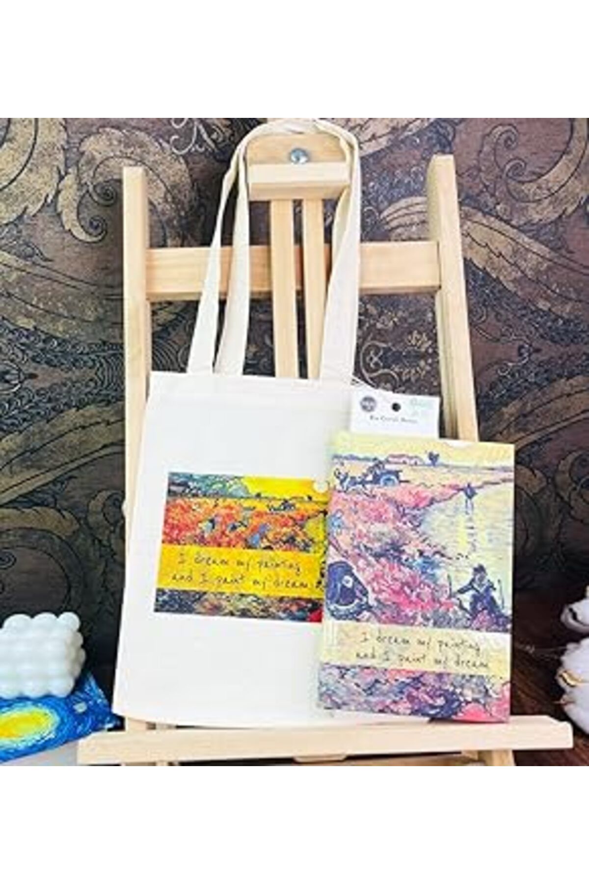 Mu Art Ahşap Arles'Te Kırmızı Bağ Kalın Kitap Görünümlü Defter Ve Bez Çanta Set