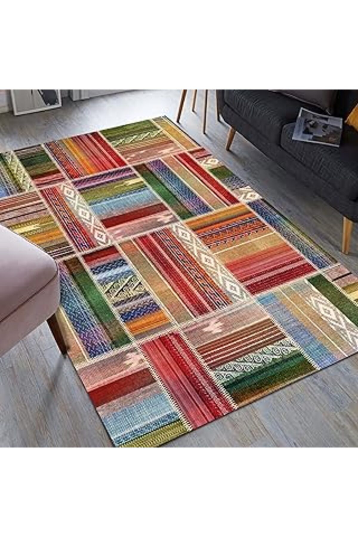 robotrend Latte Dizayn Bitsy Desenli Pamuk Tabanlı Yıkanabilen Kaydırmaz Antibakteriyel Salon Halısı 80X150