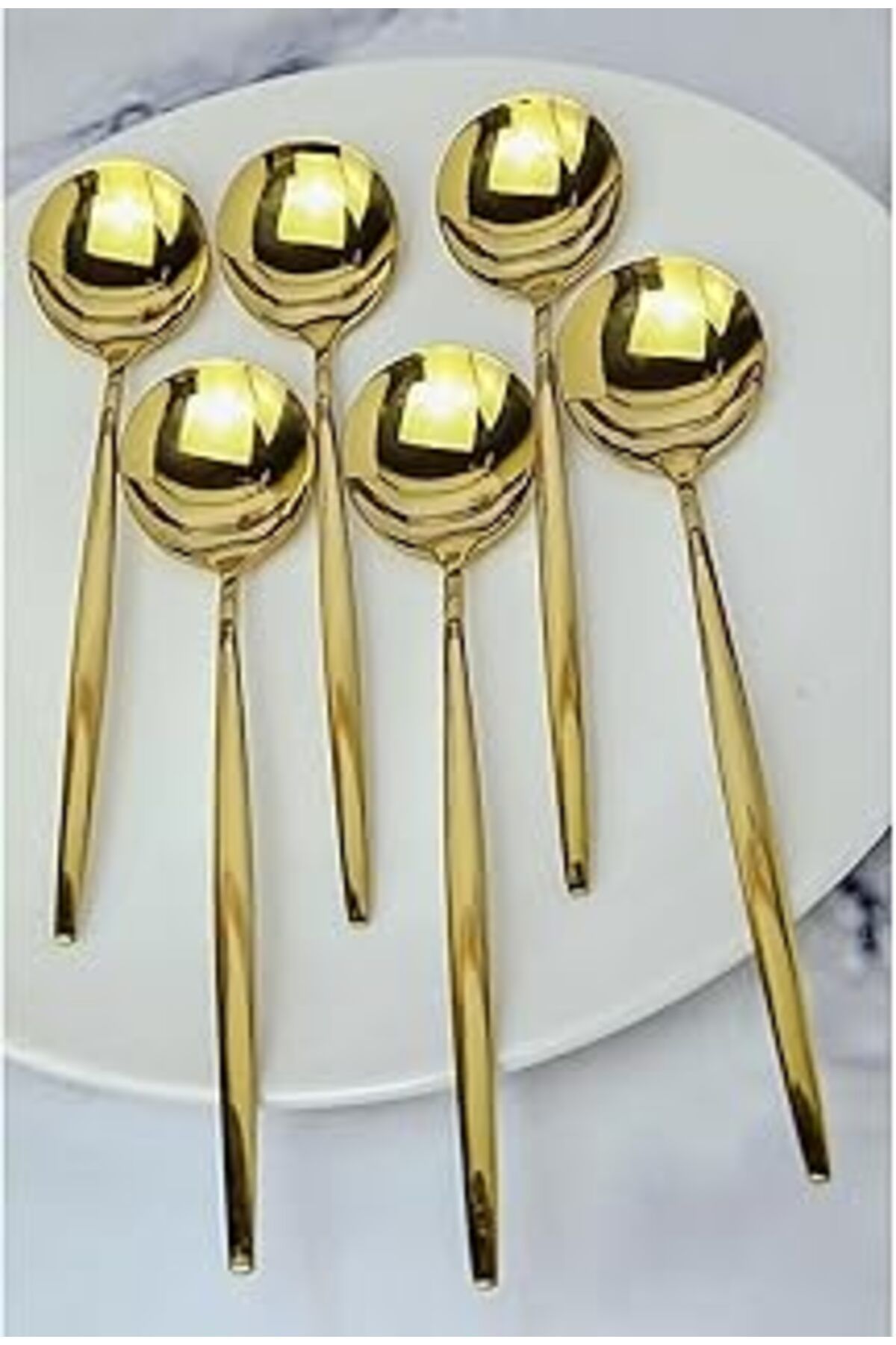 Karachil 6'Lı Paslanmaz Çelik Gold Yuvarlak Çorba Kaşığı - Paslanmaz Çelik Gold Renk Kaplama Yemek Kaşığı Se