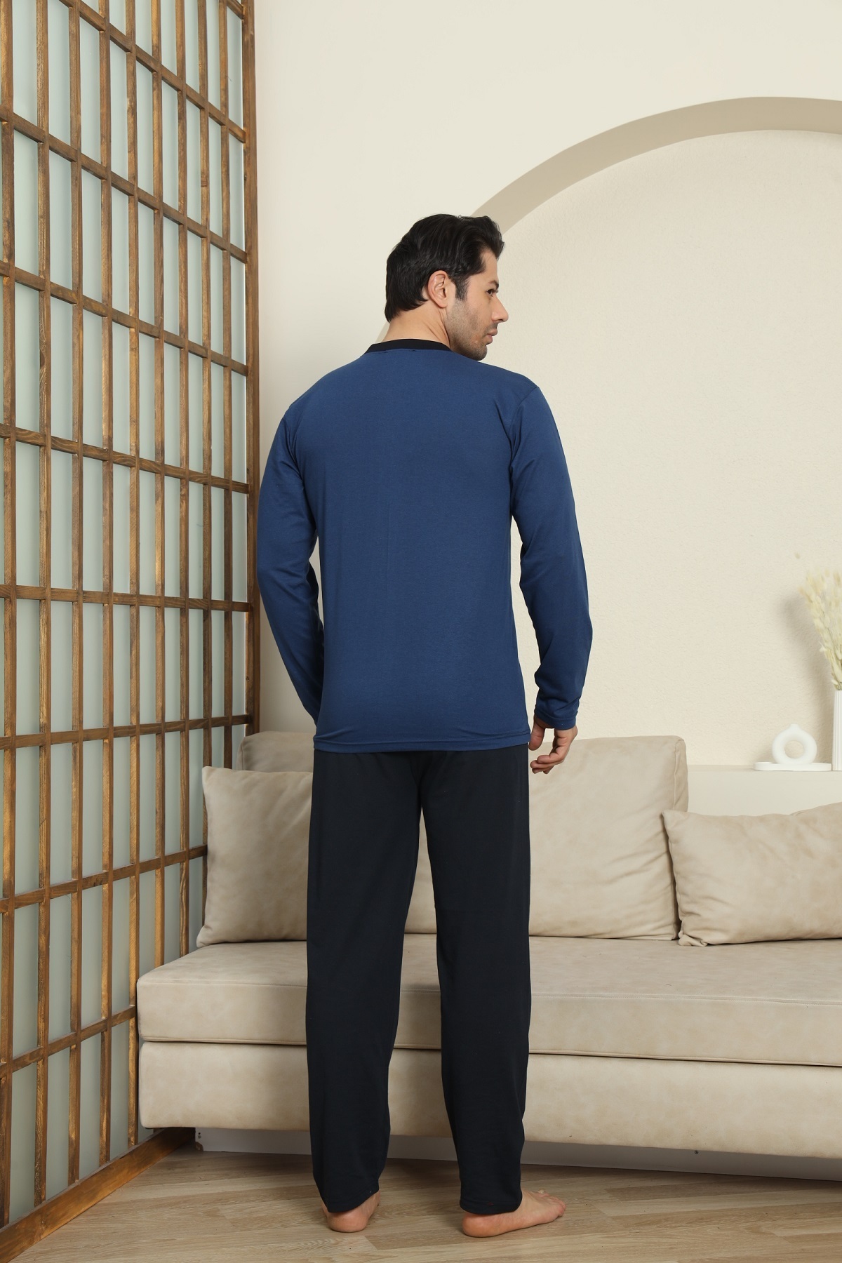 MODAREYA Mevsimlik Uzun Kollu İndigo Renk Patlı Düğmeli Erkek Pijama Takımı görsel 4