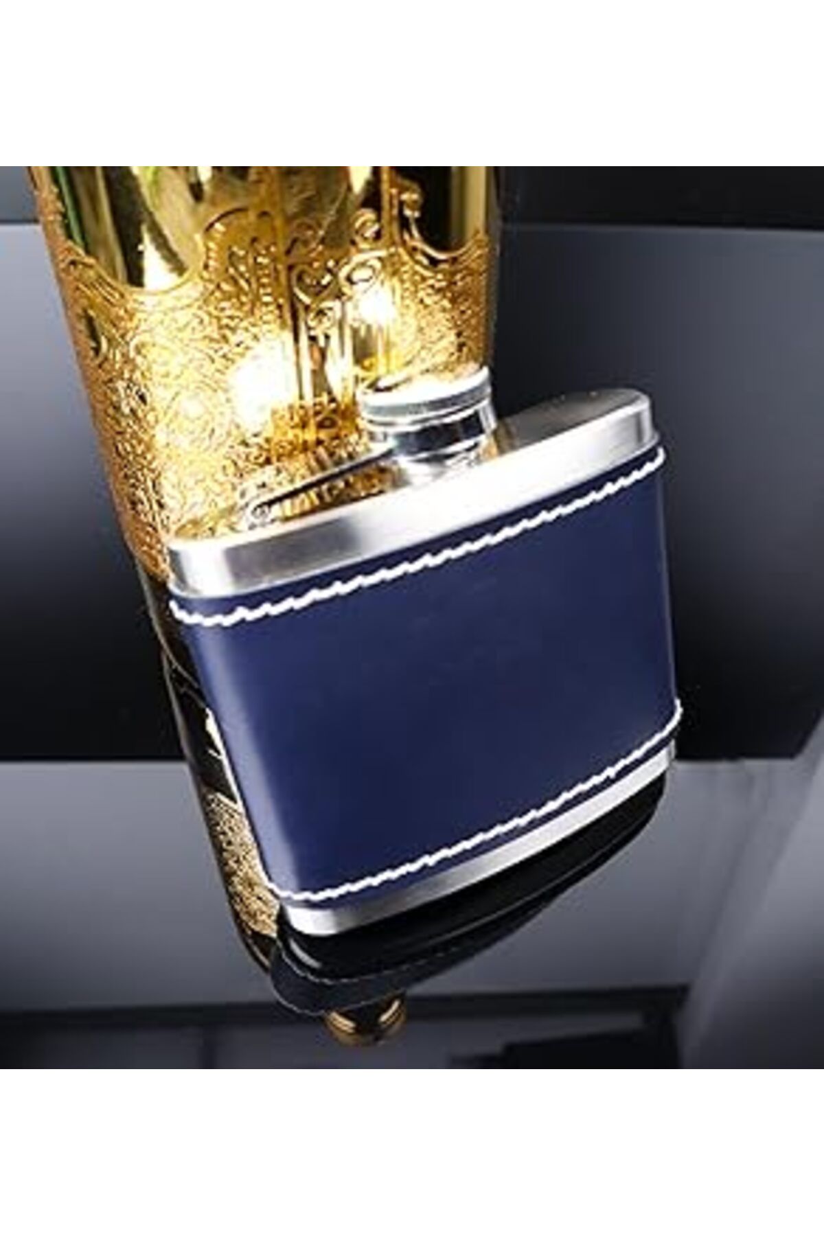 Mu Art Ahşap Perlotus 5 Oz-150 Cc Hunili Lacivert Premium Deri Kılıf Çelik Viski İçki Konyak Matarası