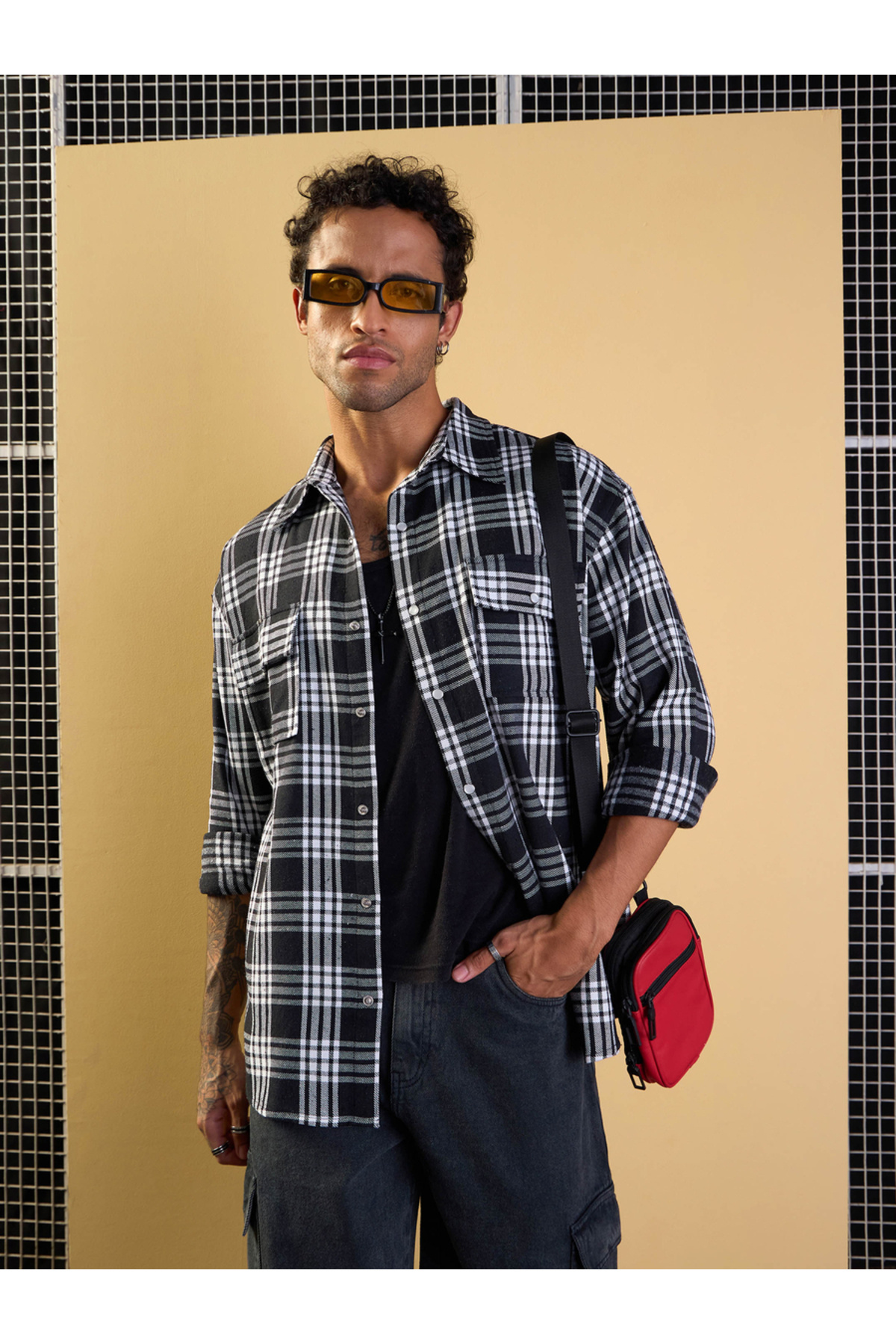Mascln Sassafras By Styli-Black and White Check Flap Pocket Oversize Shirt 6