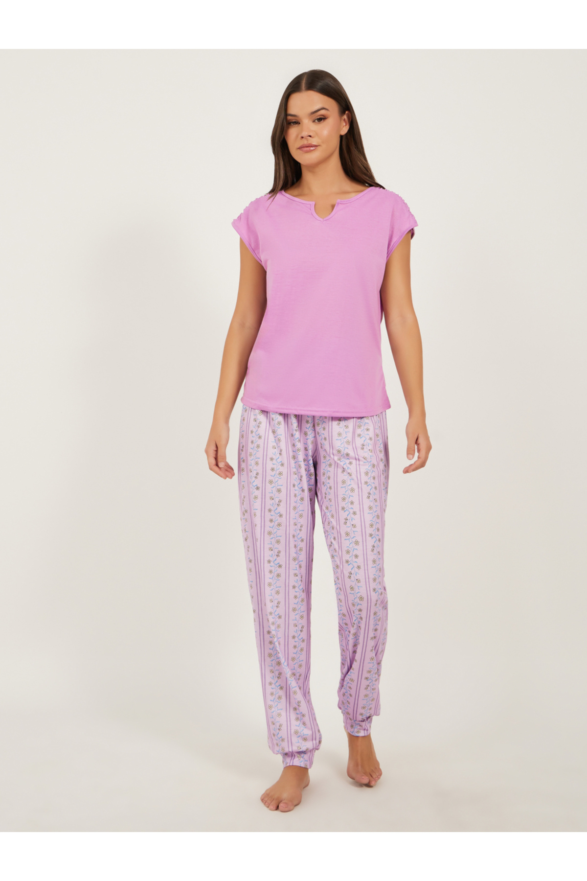 Styli Solid Gathered Shoulder Top and Printed Cuffed Pyjama Set