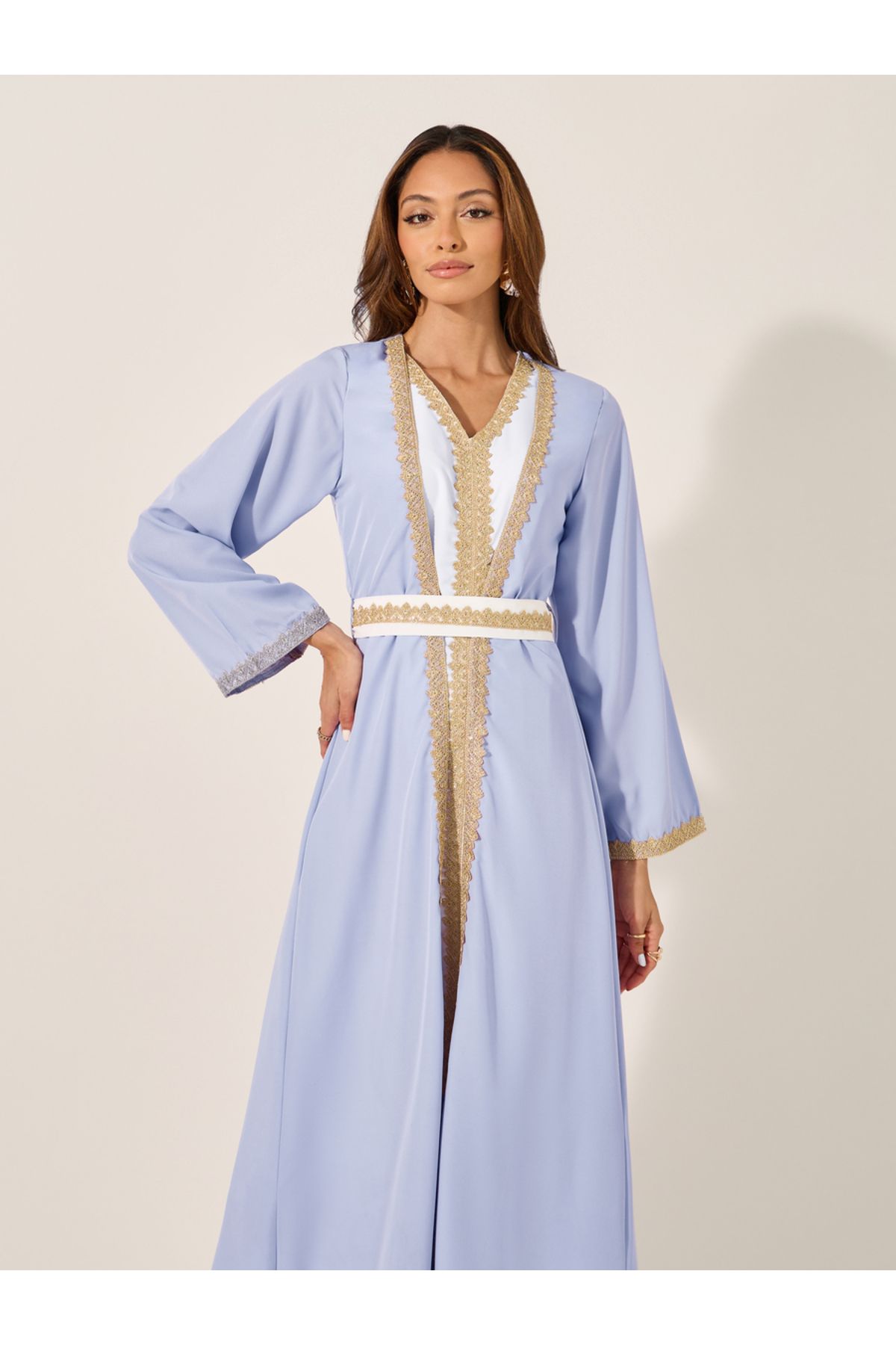 Styli-Mesh Insert V-Neck Lace Detail Belted Kaftan 3