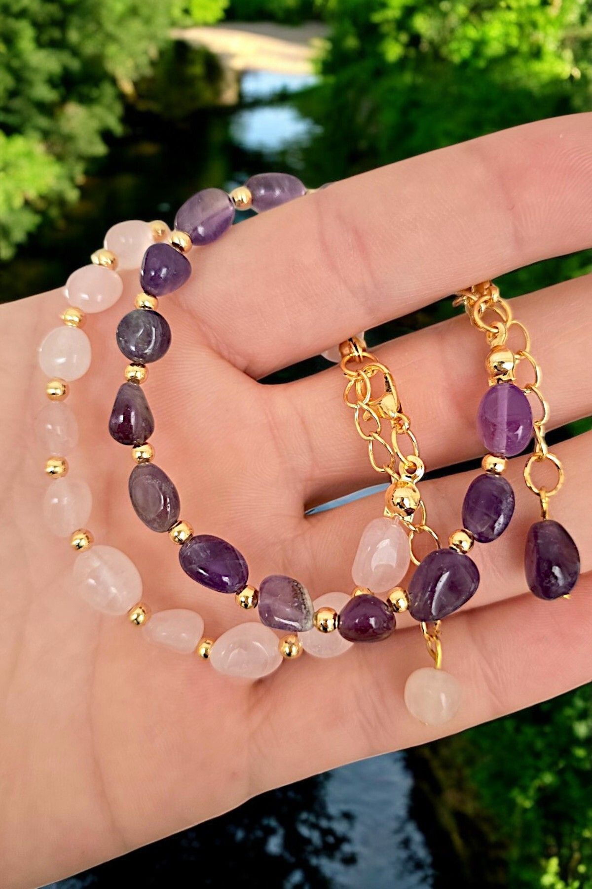 NBS Beautiful Naturel Stones Kadınlar İçin Süper İkili Set Şık Aşk Enerji Denge Ametist Pembe Kuvars Bilekliği ( Hediyelik