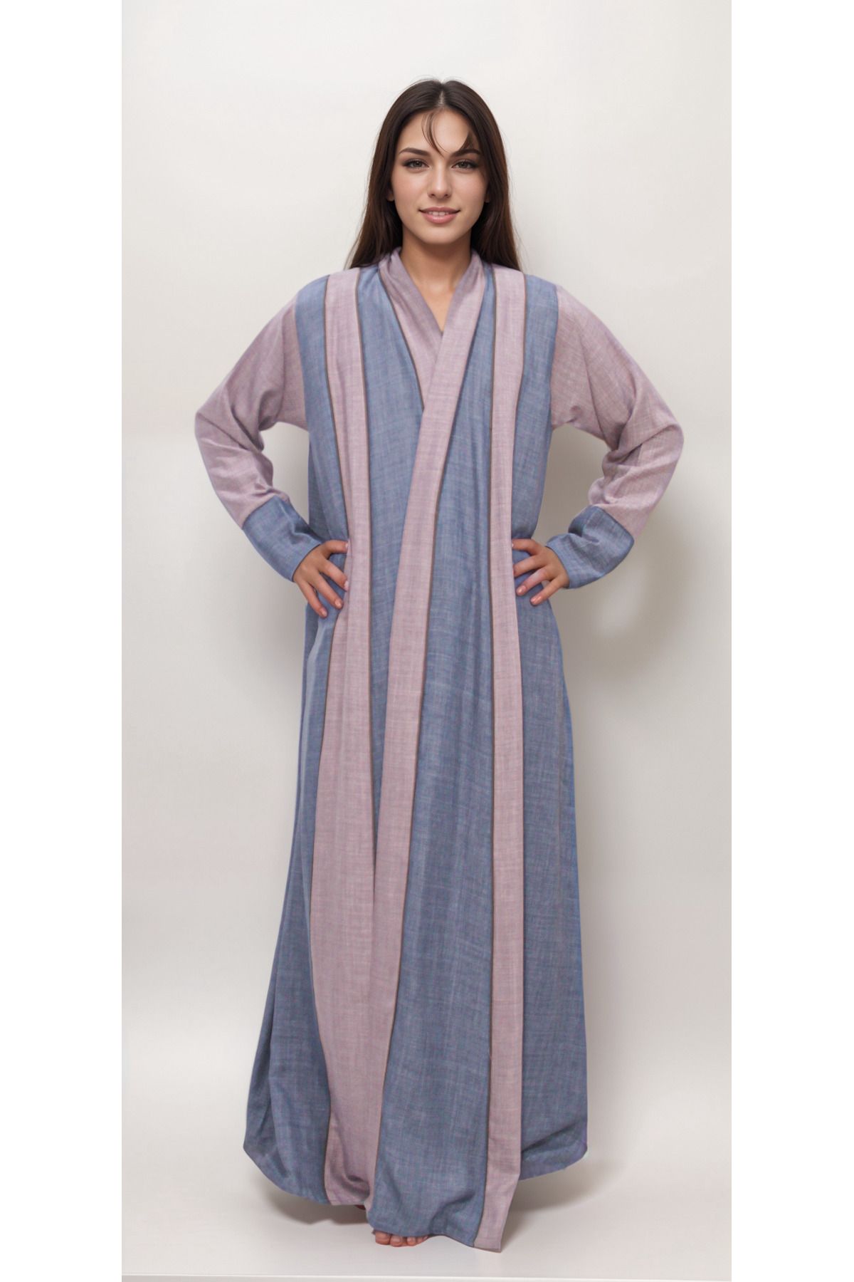 Generic-Multi-colored linen abaya with rectangular linings along the length of the abaya made of the same fabric 1