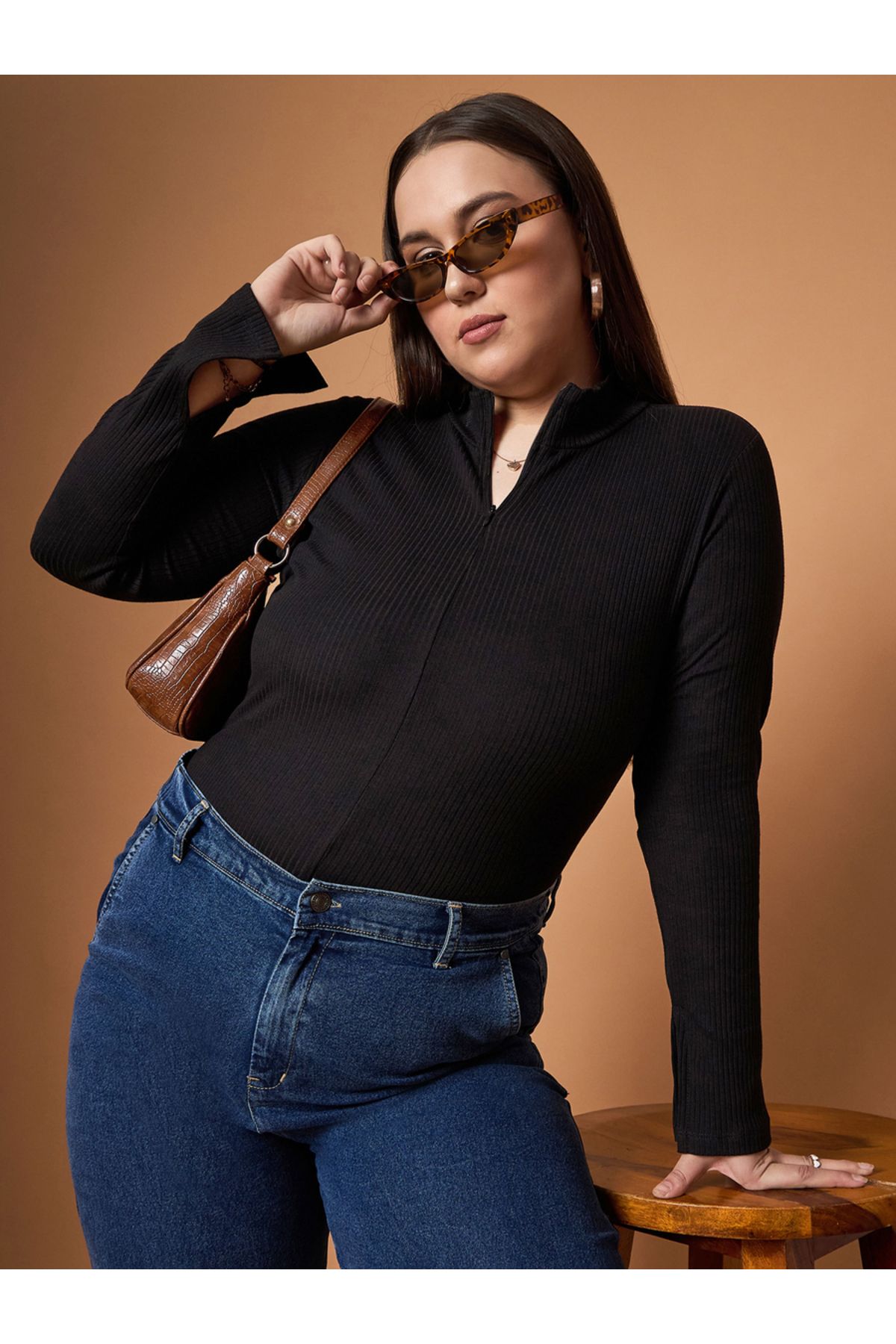 Sassafras By Styli-Plus Size Rib Knit Front Zipper High Neck Top 2