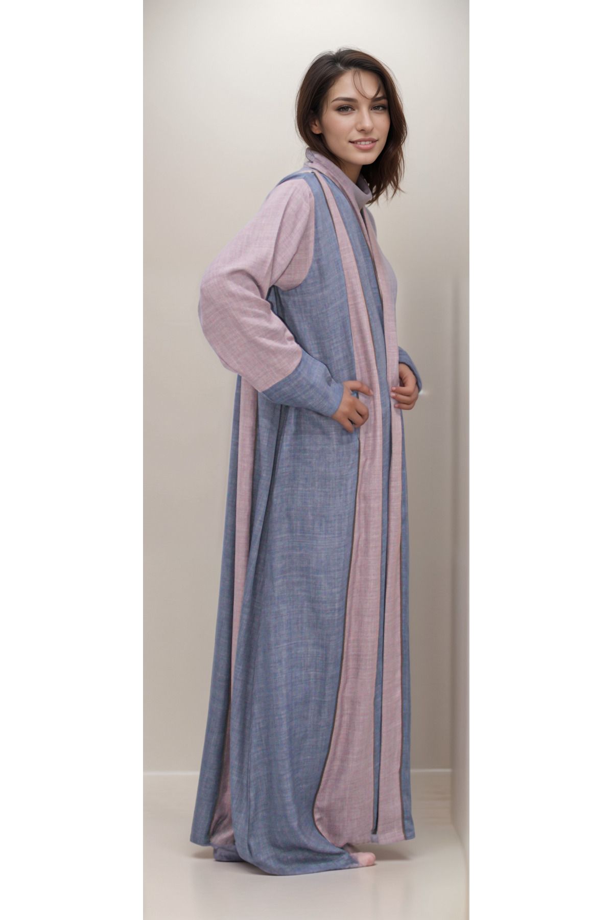 Generic-Multi-colored linen abaya with rectangular linings along the length of the abaya made of the same fabric 3