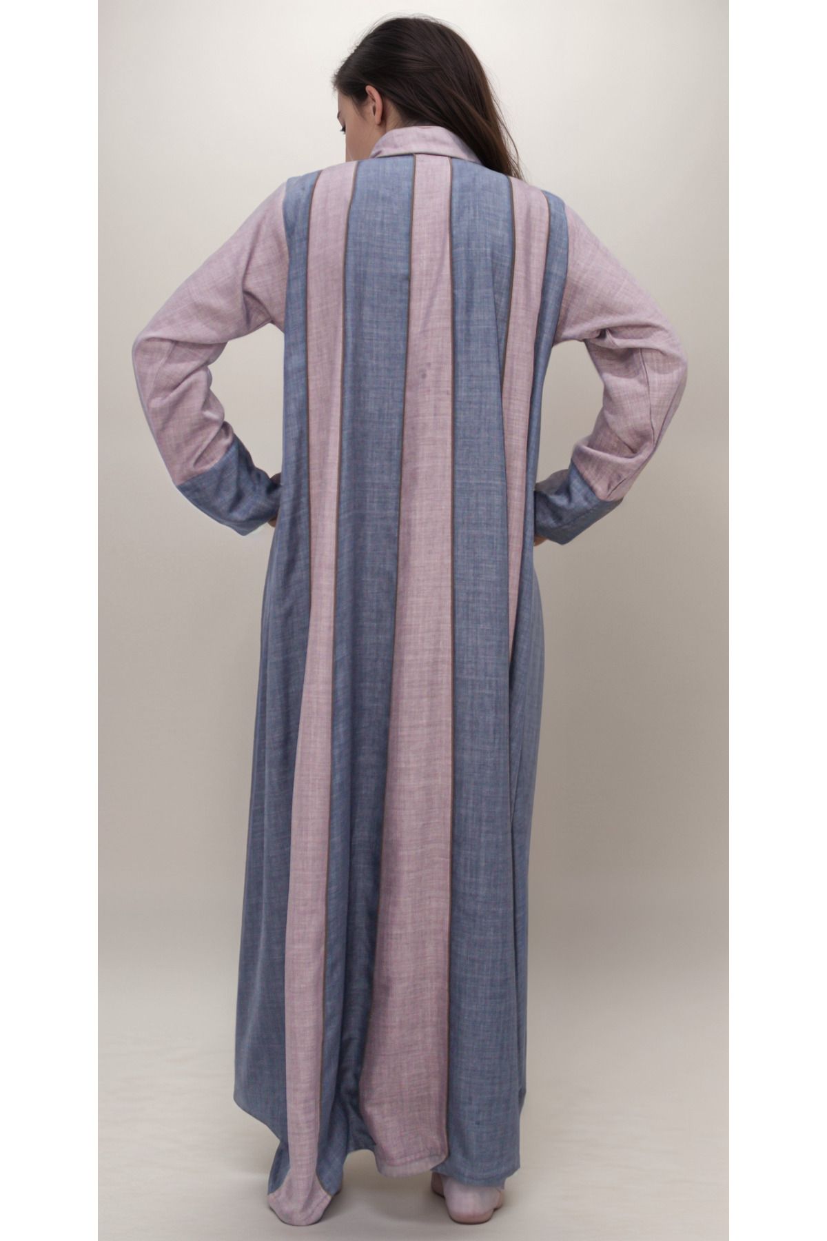 Generic-Multi-colored linen abaya with rectangular linings along the length of the abaya made of the same fabric 2