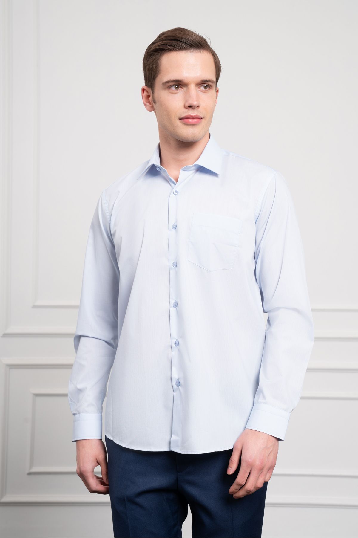 Morven-Men's A. Blue Basic Regular Fit Hard Collar Pocket Shirt 4
