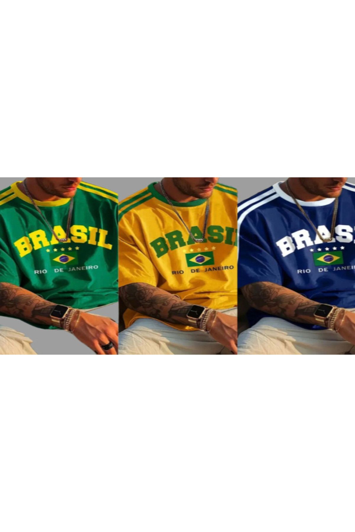 GBRO Unisex Yeni Sezon Pamuklu Yanları Şeritli Brasil Tshirt 3’lü Set