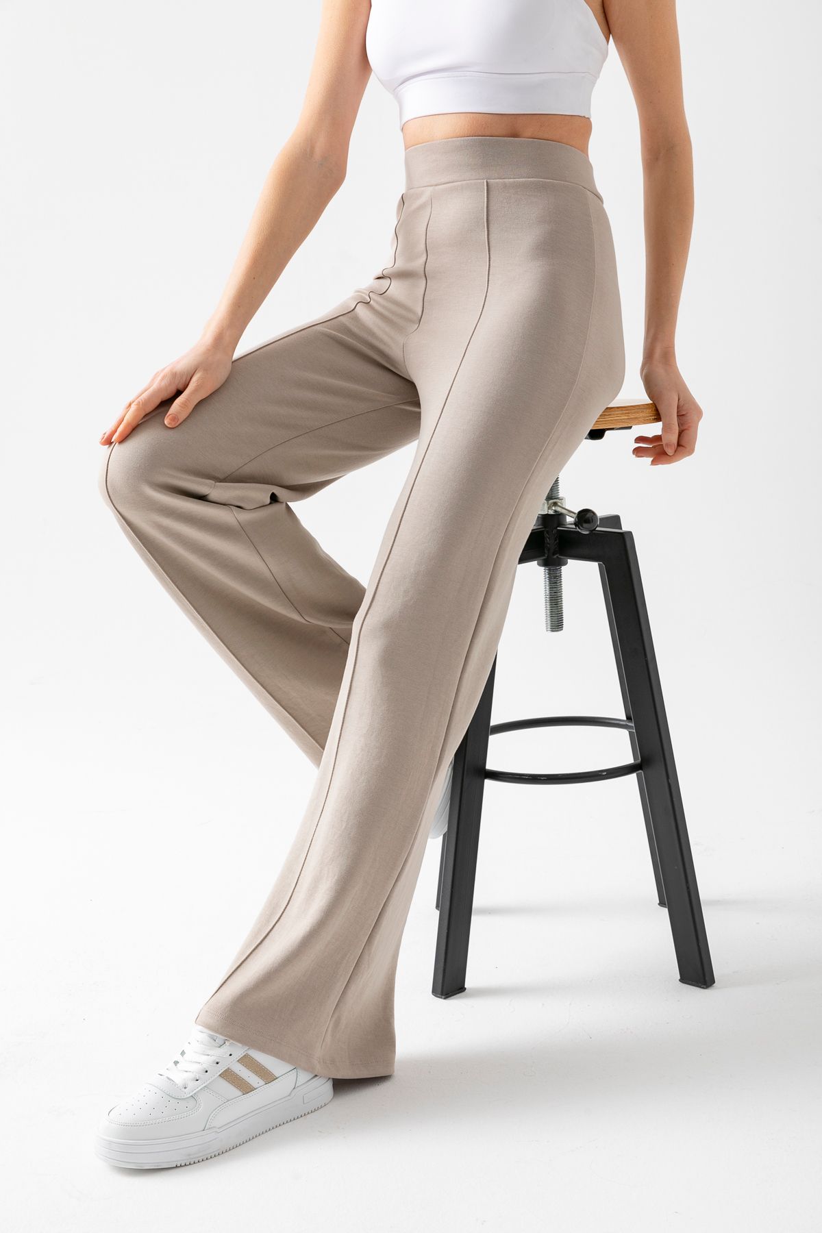 CNRCollection-Women's Stone Color Gathering Wide Fit Leg Modal Fabric Leggings Trousers 5