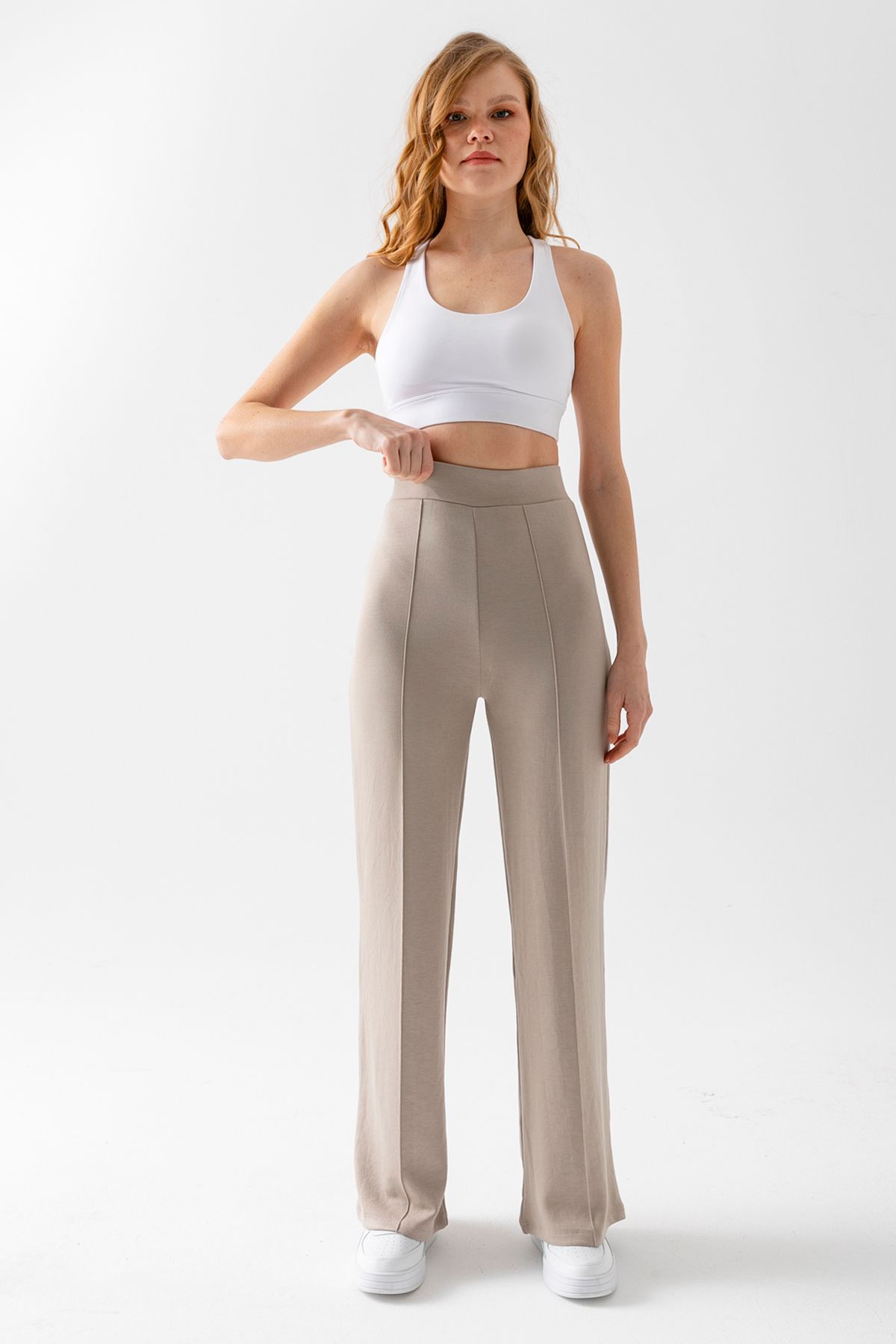 CNRCollection-Women's Stone Color Gathering Wide Fit Leg Modal Fabric Leggings Trousers 3