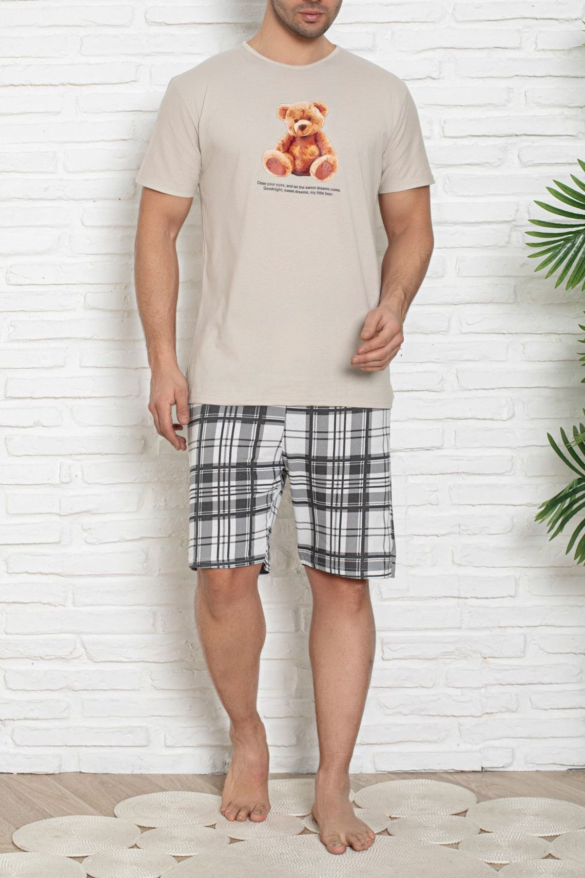 Trendyol Collection Set Pijamale Tricotate, Bej, Cu Imprimeu În Carouri, Cu Croiala Normală - Masculin - S
