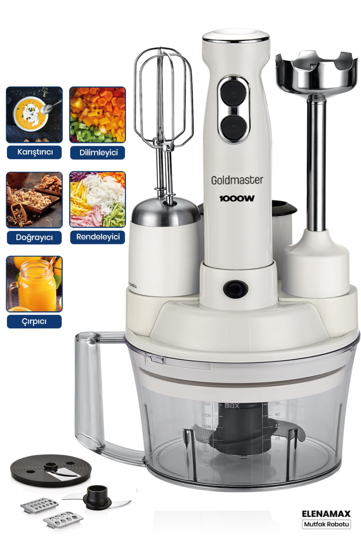 Elenamax Beyaz 1000 Watt Hız Ayarlı %100 Bakır Motor 5in1 Mutfak Robotu Multi Blender Seti GM7239W