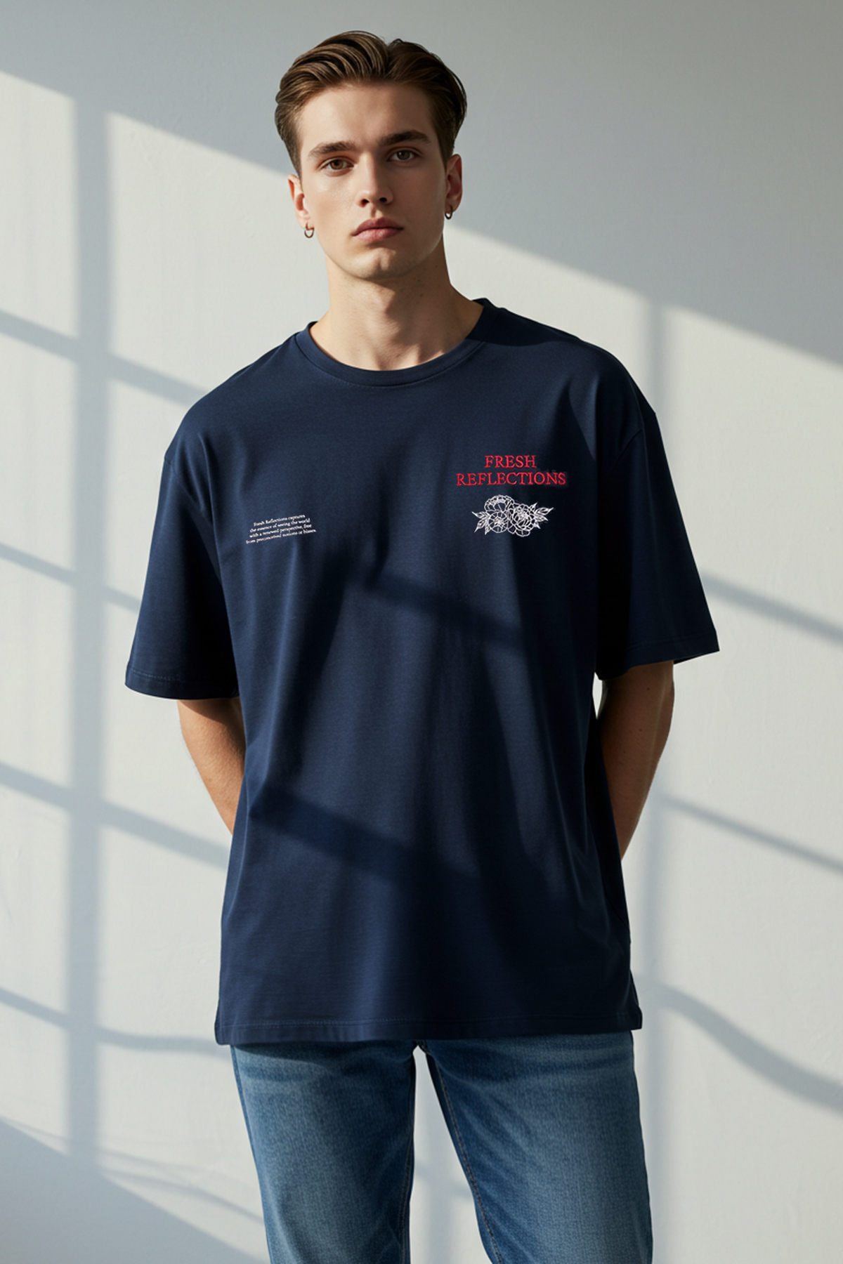 Trendyolmilla Man Lacivert Oversize/Geniş Kesim Çiçek Nakışlı %100 Pamuk T-Shirt TMNSS25TS00111