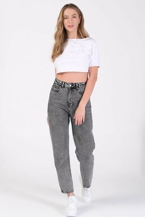 Kadın Gri Antrasit Kar Yıkama Mom Boyfriend Yüksek Bel Kot Jeans Pantolon G1273