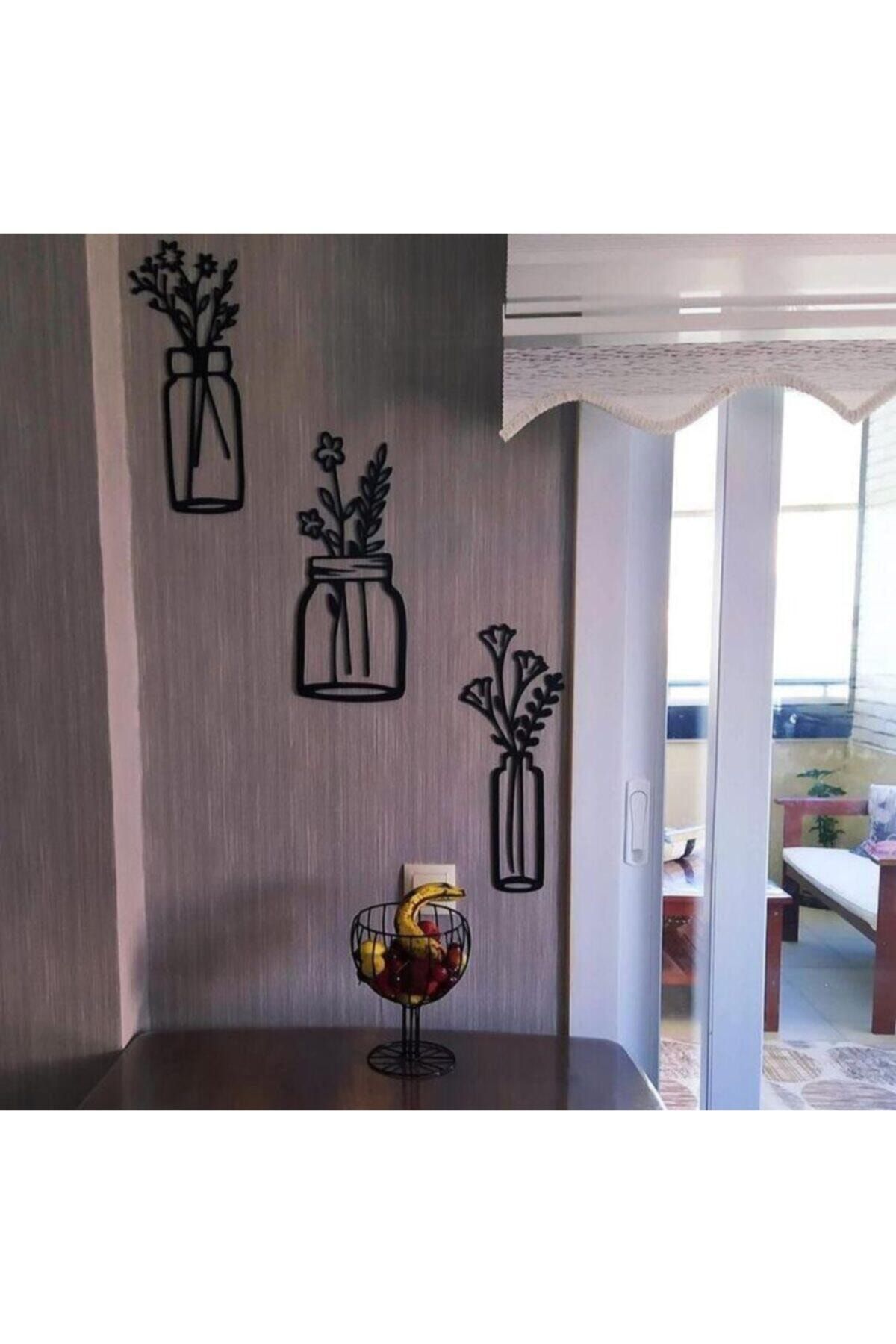 Aker Hediyelik-Flower in Triple Jar Wooden Wall Decoration - Painting 2