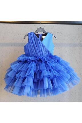 Kız Çocuk Saks Mavisi Tasarım Elbise SK1010