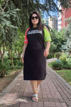 Kadın Büyük Beden Neon Omuz Dekolteli Siyah Elbise 3577