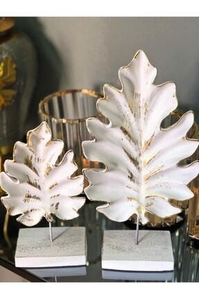 Dekoratif Çınar Ağacı Yaprak Beyaz 2 Li Masa Üstü Sehpa Ev Dekoratif Şık Biblo Ürün Çınar Yaprak Yaprak Gogka