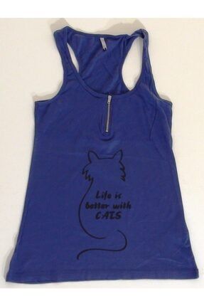 Kadın Life Is Better With Cats Askılı Gece Mavisi Tshirt / Penye / Önden Fermuar TS309