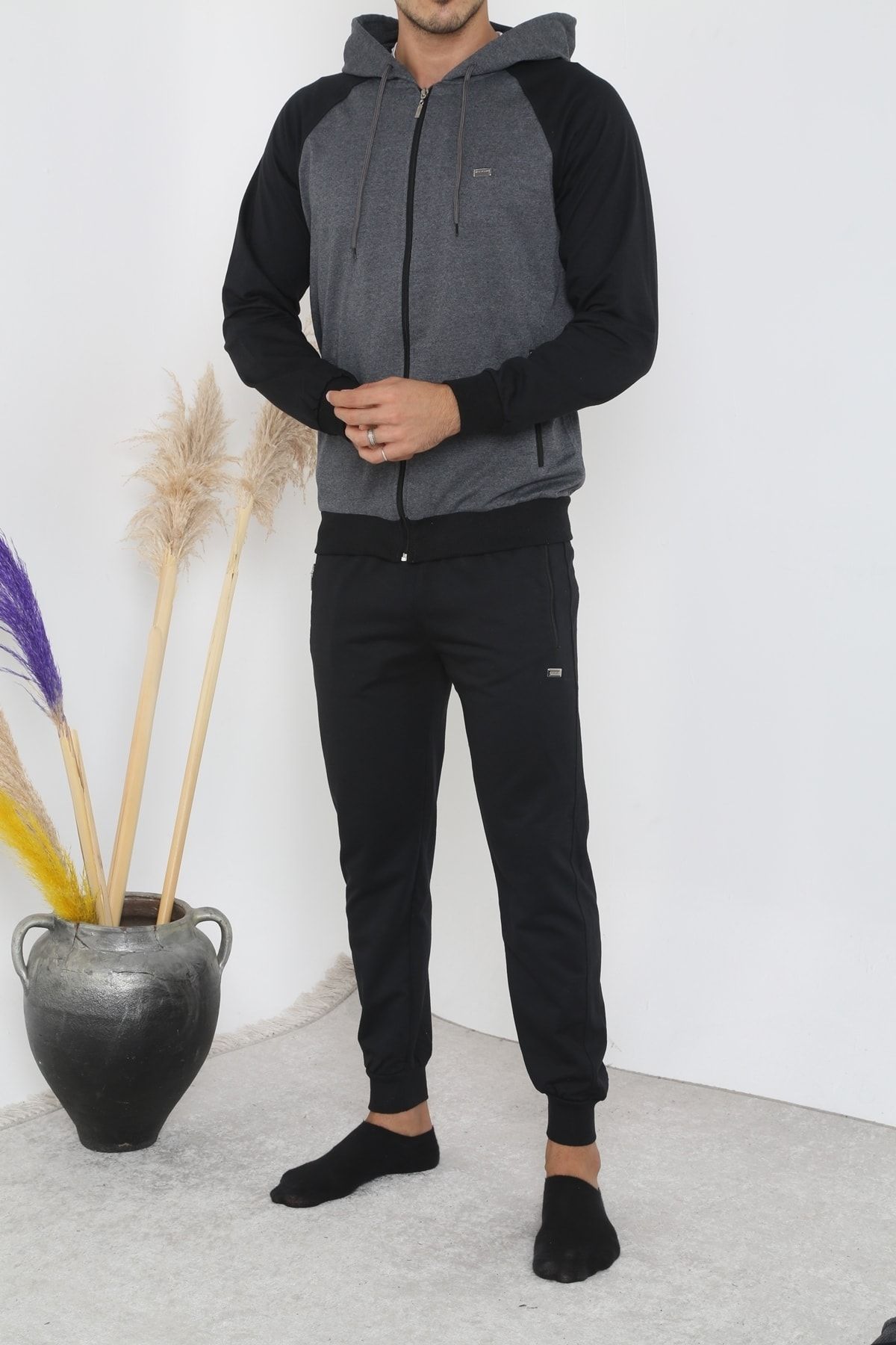 3MODA Men s Smoked Black Zippered Tracksuit Set Trendyol