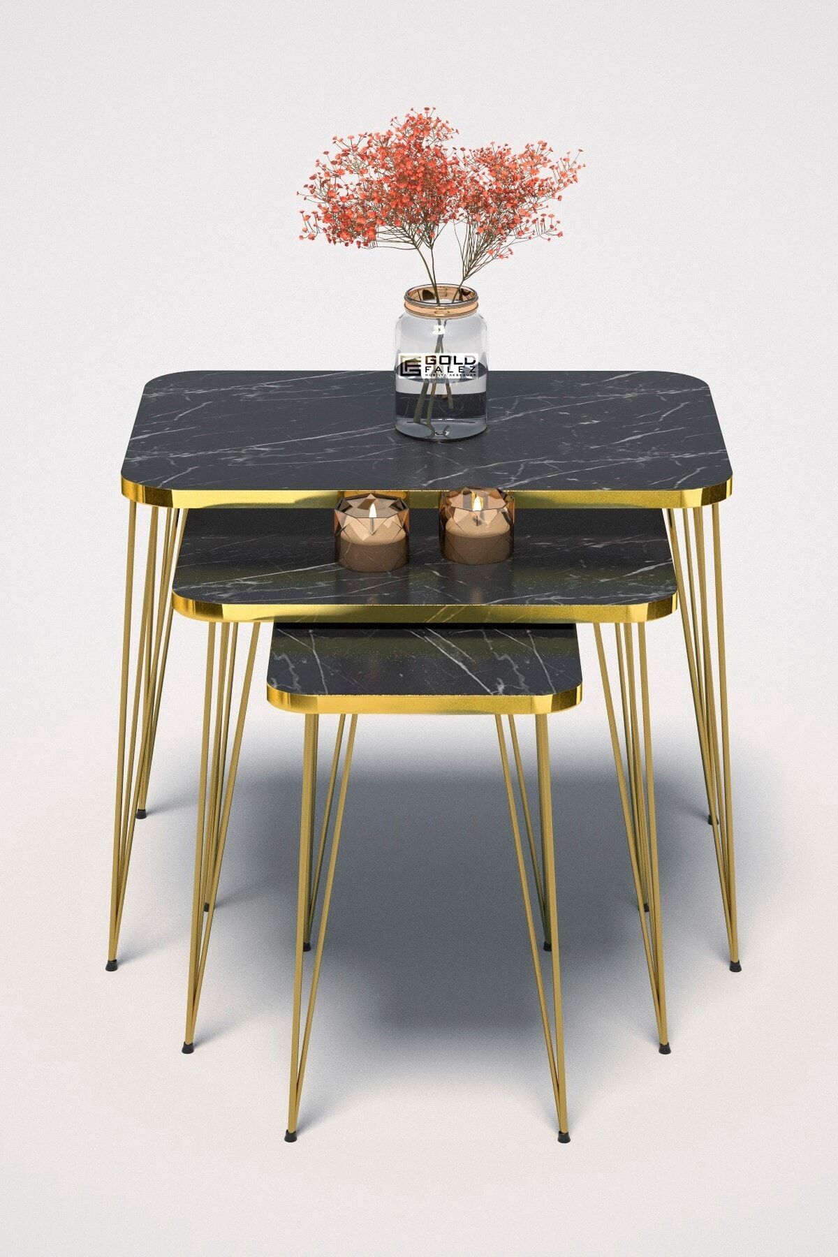 GOLDFALEZ-4-Piece Modern Nesting Table Set - Walnut with Black Metal Frame - Coffee Table  + 3 Nesting Tables 3