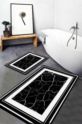 Else Siyah Beyaz Mermer Desenli Yıkanabilir Kaymaz Banyo Paspası 2li Klozet Takımı Halısı Dts-28 elsedotoscft28